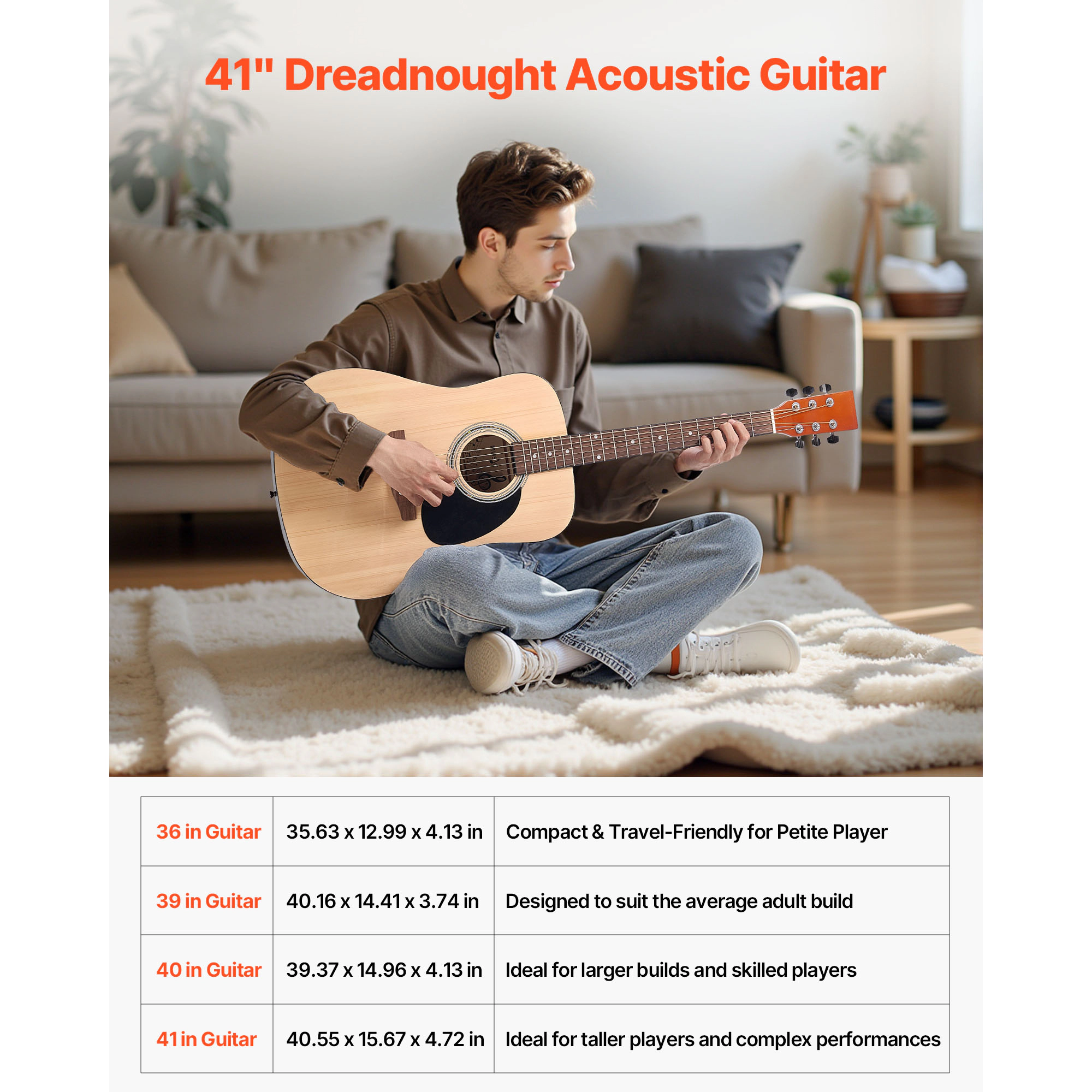 HONGGE Dreadnought Acoustic Guitar, 6-String Solid Top Guitar Bundle with Gig Bag, Tuner, Strap, Strings, Picks, Capo