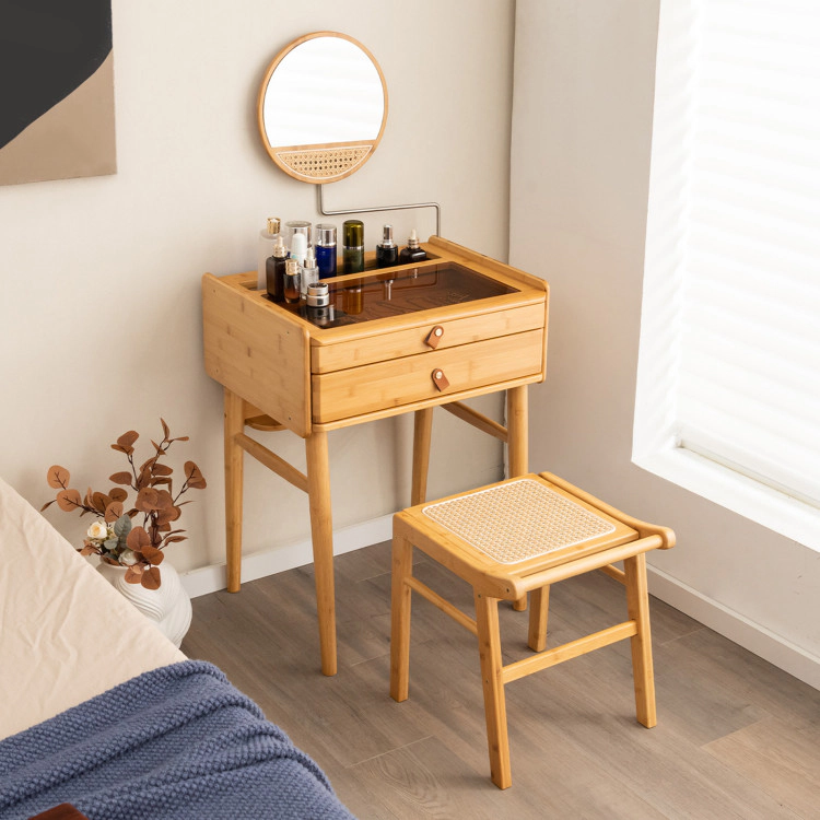 Hivvago Bamboo Makeup Vanity Table With Mirror With 2 Storage Drawers