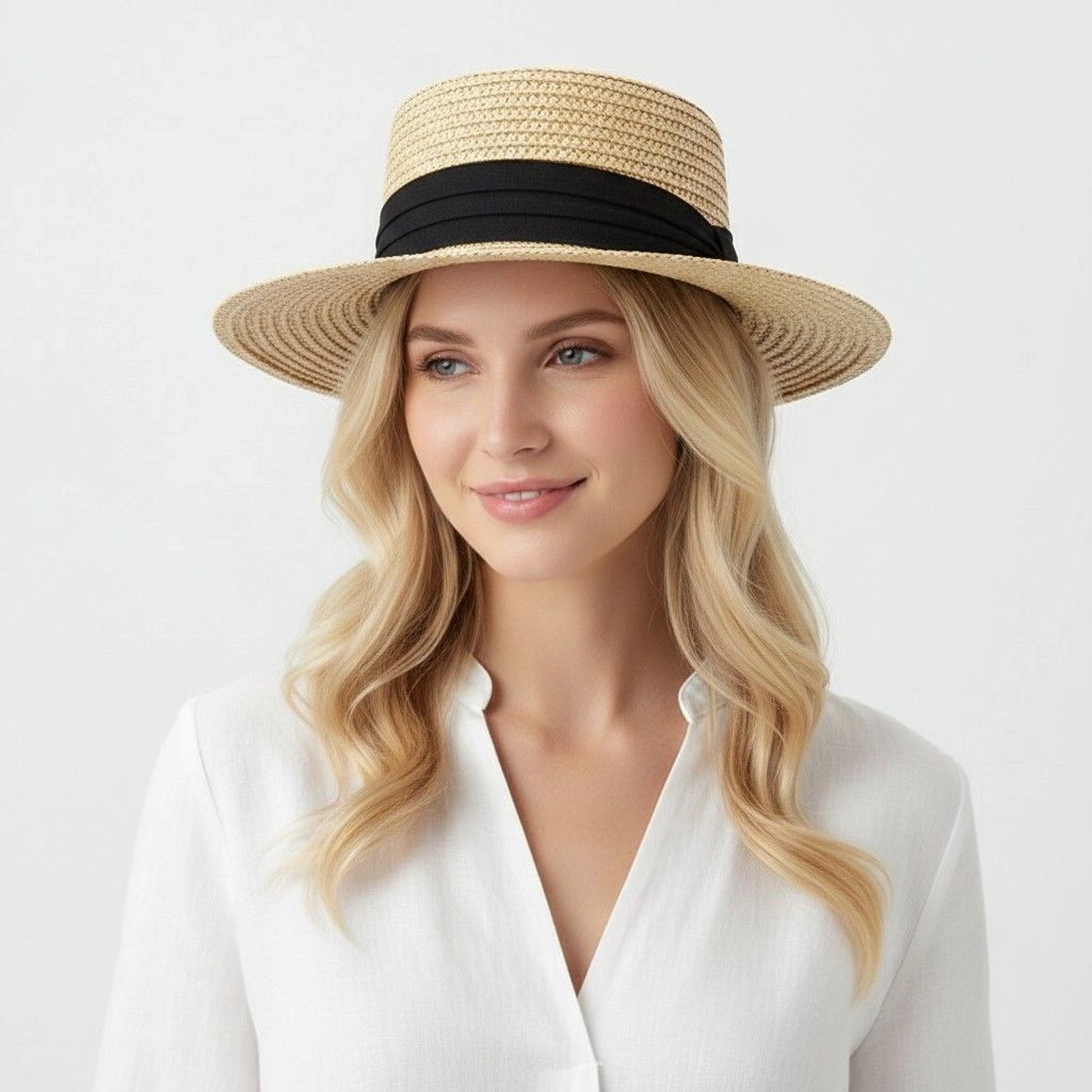 Anna-Kaci Womens Straw Boater Hat Flat Top Wide Brim Summer Beach Sun Lightweight, Natural