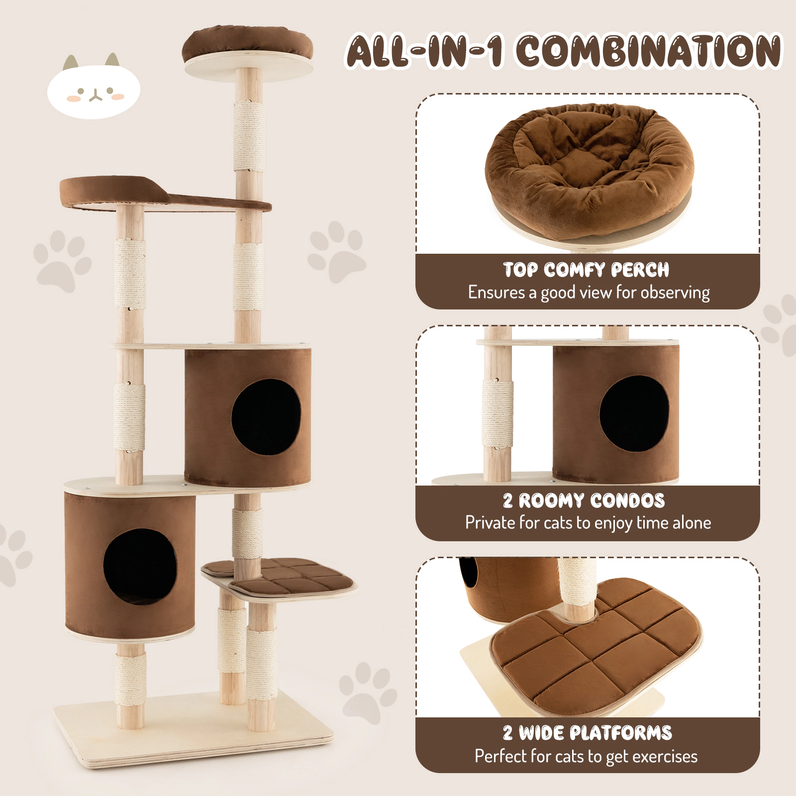 SUGIFT 75 in Wooden Cat Tree Brown 6-Tier with 2 Removable Condos and Padded Perch