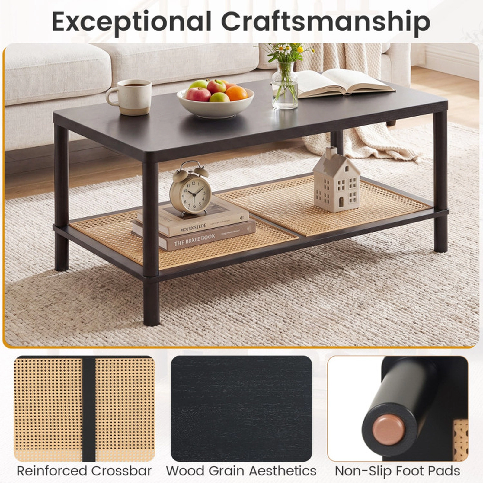 SUGIFT 2-Tier PVC Rattan Shelf Rubber Wood Frame Boho Coffee Table 39-in x 20.5-in x 18-in 185-lb Capacity Black