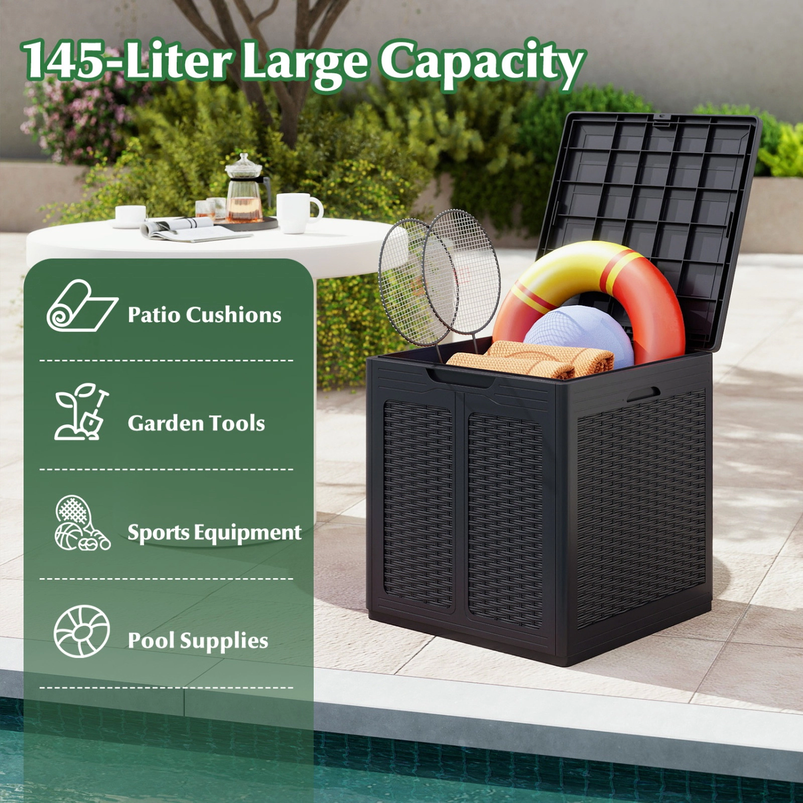 SUGIFT 39-gal 180-lb Capacity Weatherproof PP Outdoor Deck Box with Lockable Lid and Cut-Out Handles