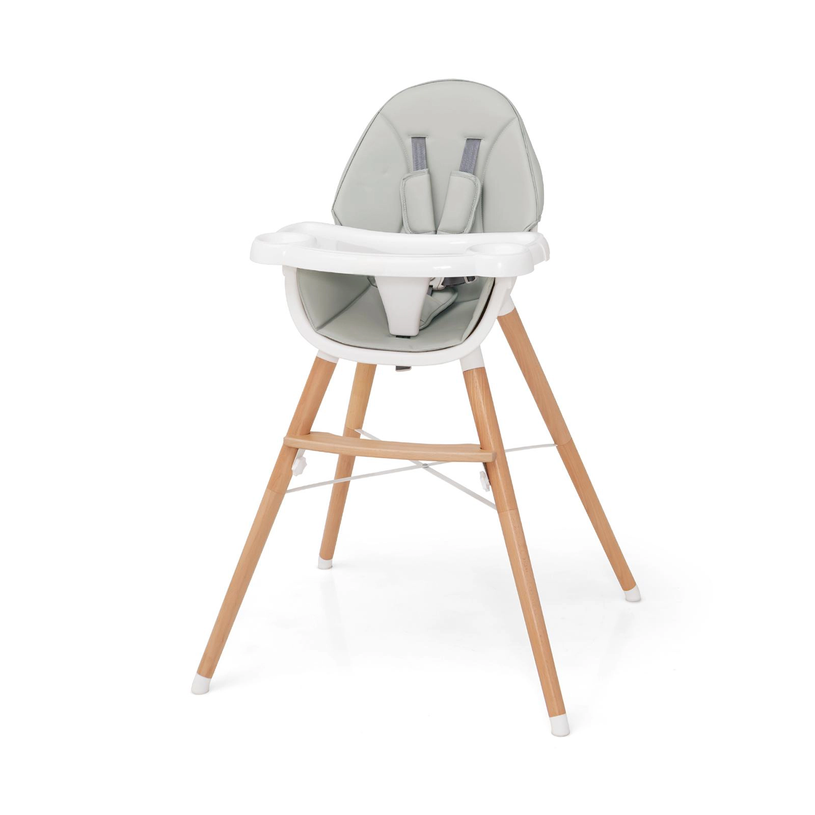 SUGIFT Beech Wood Baby High Chair 4-Level Dishwasher Safe Tray 33-lb Capacity Ages 6-36 Months 26-in Wide Beige/Gray