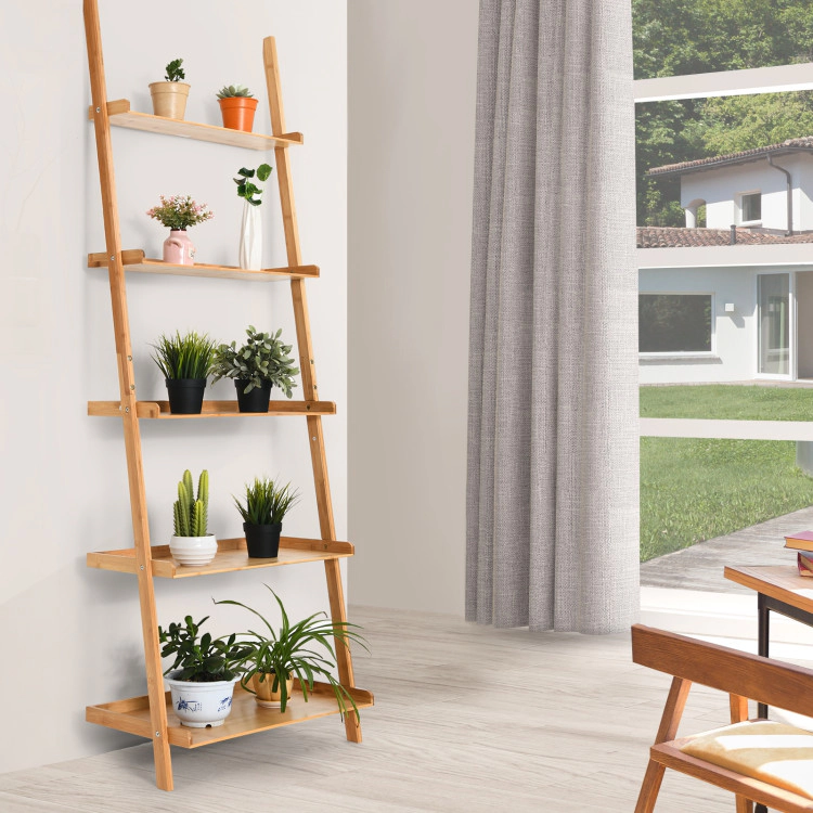 Hivvago 5-Tier Ladder Shelf Bamboo Bookshelf Wall-Leaning Storage Display Plant Stand