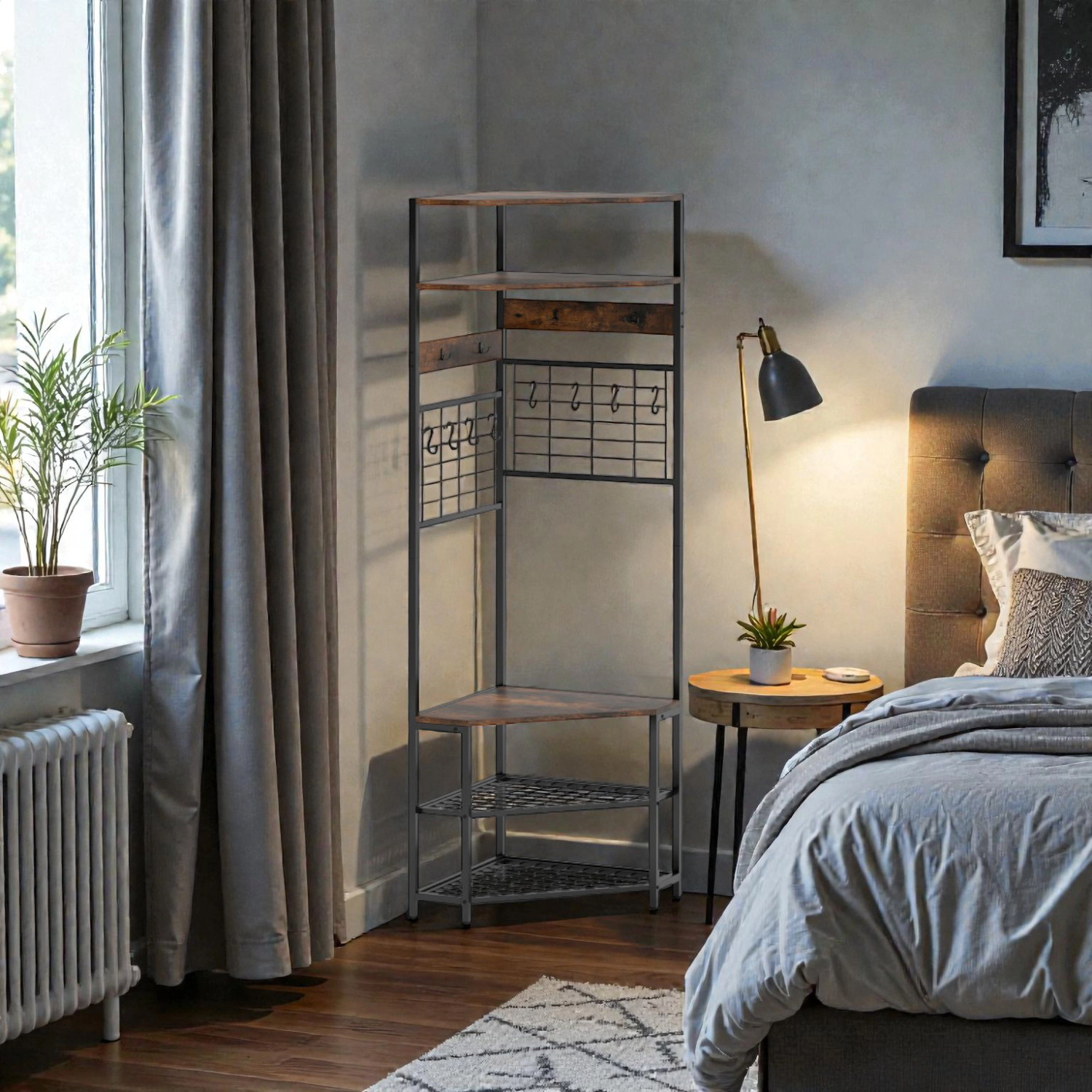 Hivvago Multi-Tier Corner Coat Rack with Built-In Shoe Storage