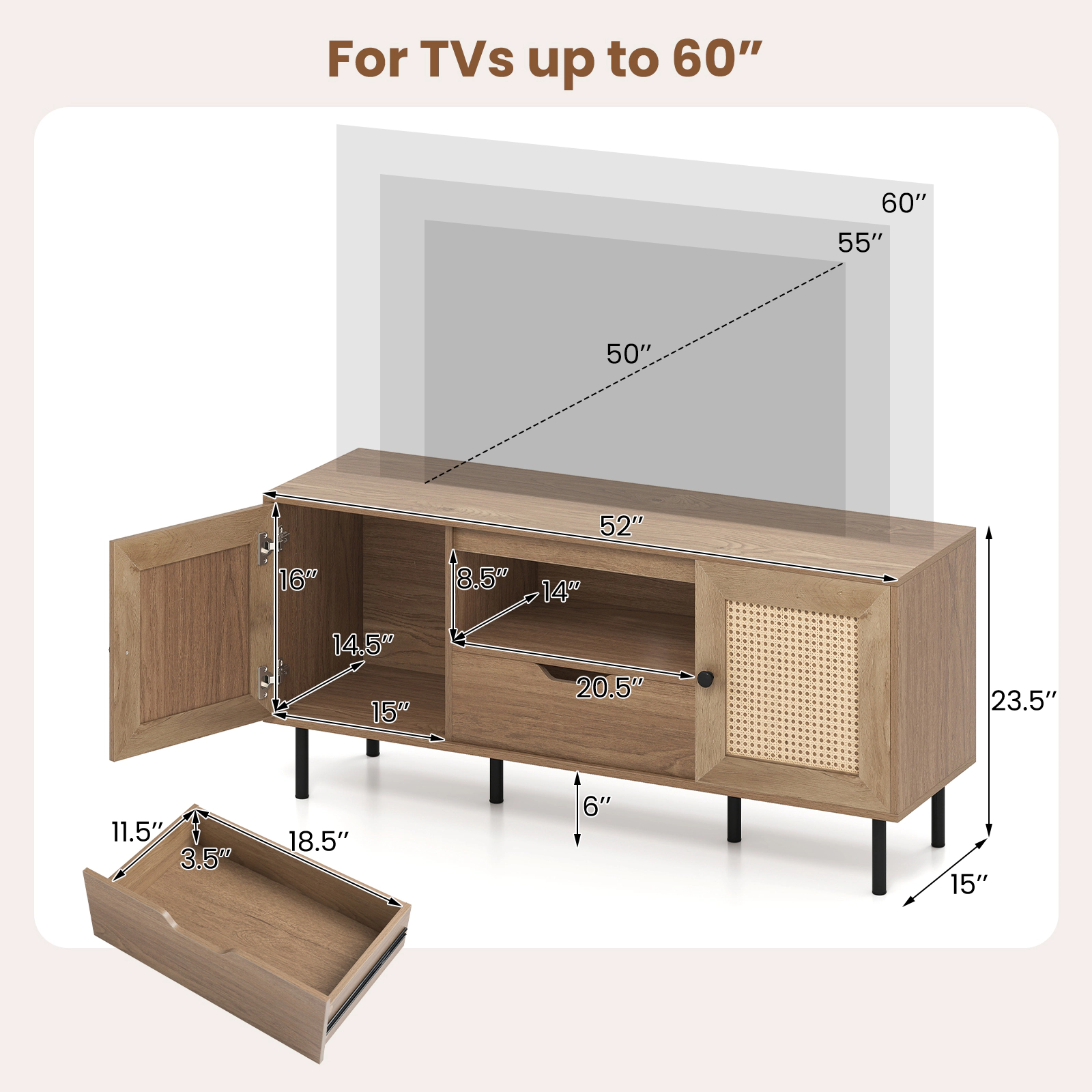 Glintex 52-Inch Boho TV Stand with PE Rattan Doors and Pull-Out Drawer, Natural