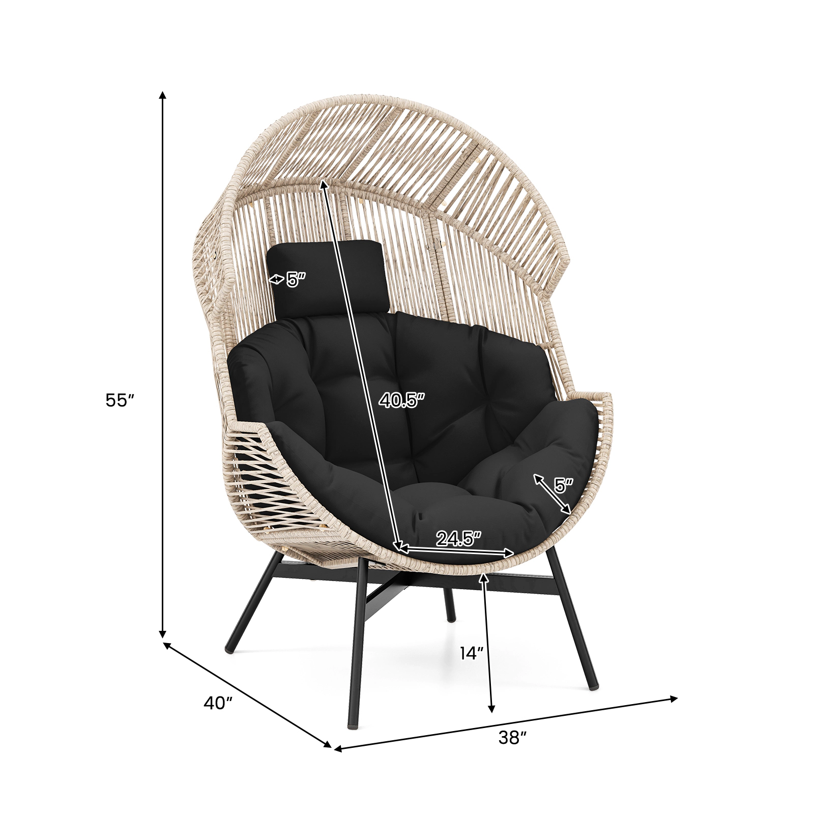 Hivvago Wicker Oversized Egg Style Chair with Cushions and Headrest