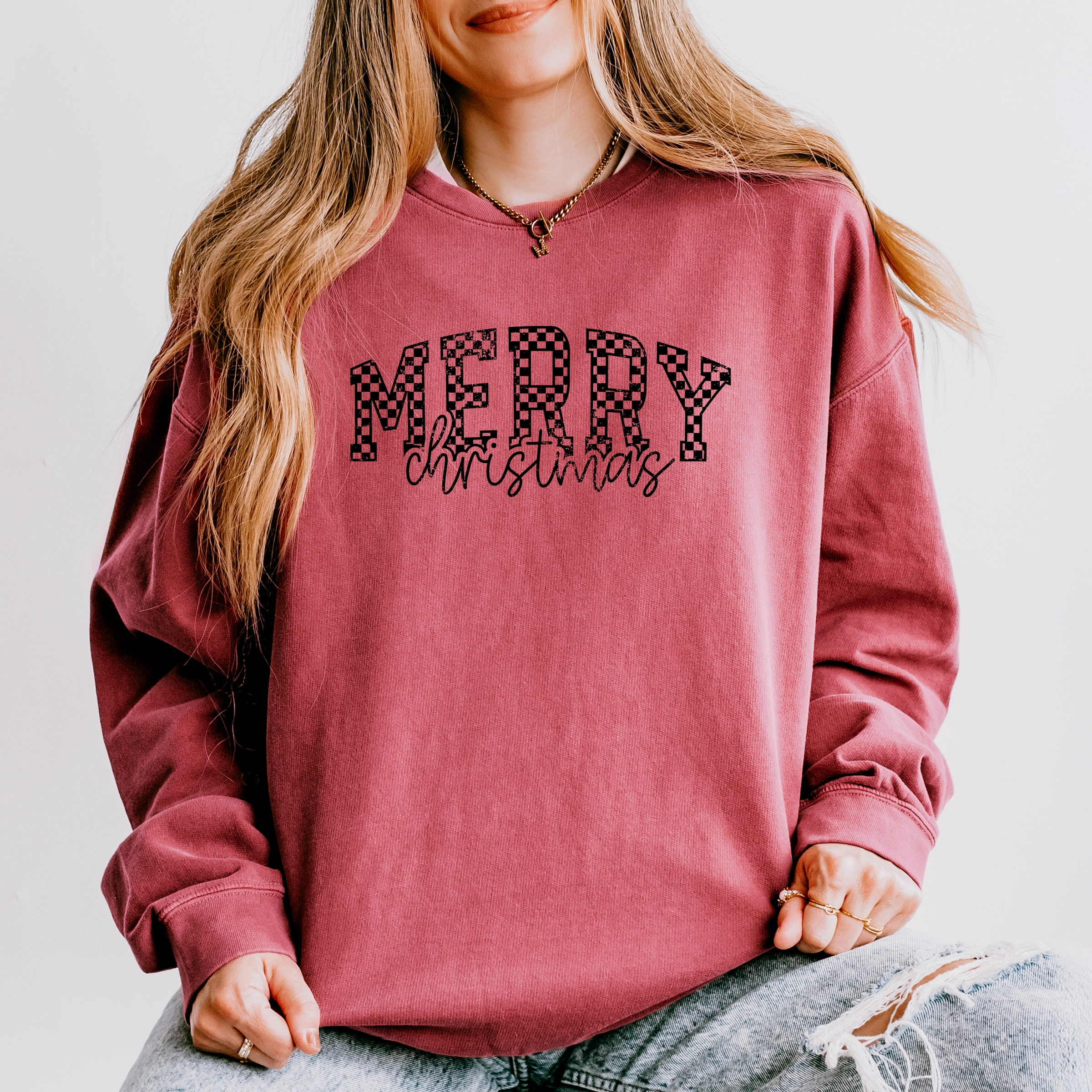Simply Sage Market - Women's Lightweight Garment Dyed Sweatshirt Merry Christmas Varsity Checkered