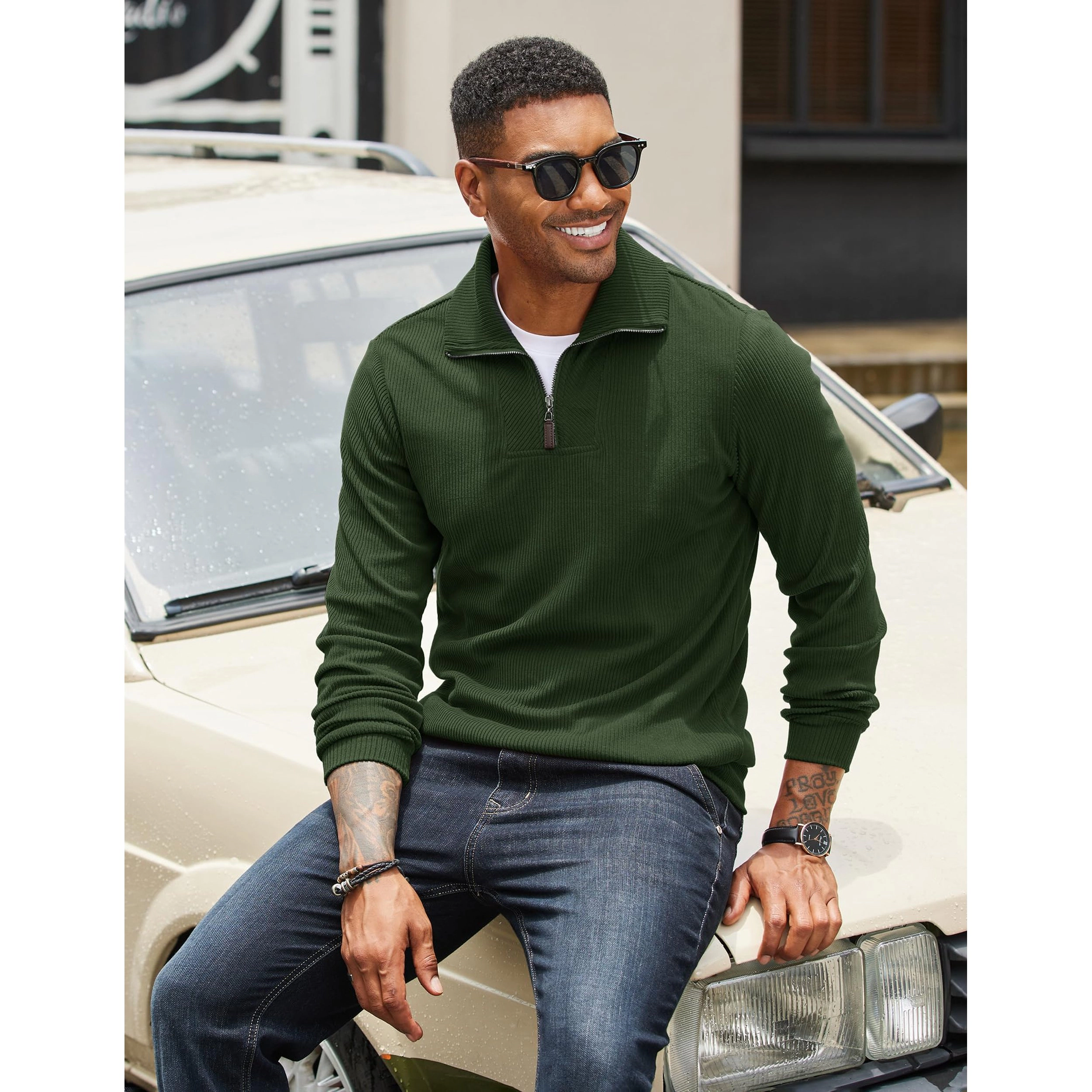 COOFANDY Men's Regular Fit Ribbed Knit Quarter Zip Pullover Sweater