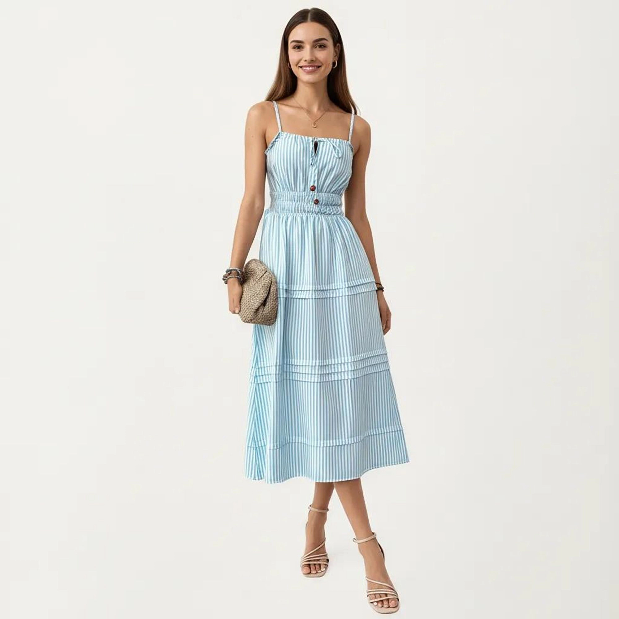 Anna-Kaci Women's Sleeveless Striped Adjustable Straps Smocked Waist Button Front Tiered Skirt Midi Dress