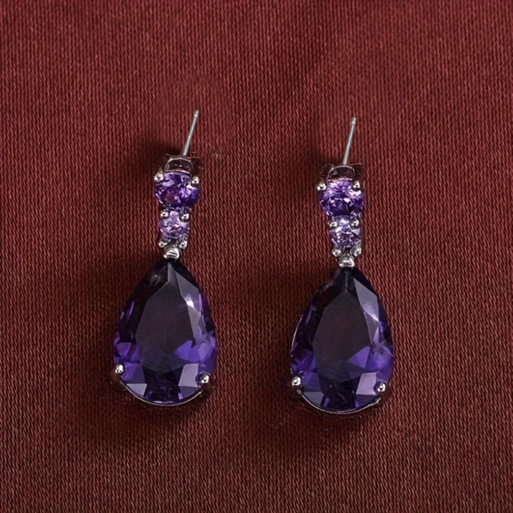White Gold Plated Waterdrop Purple Cubic Zirconia Dangle Earring