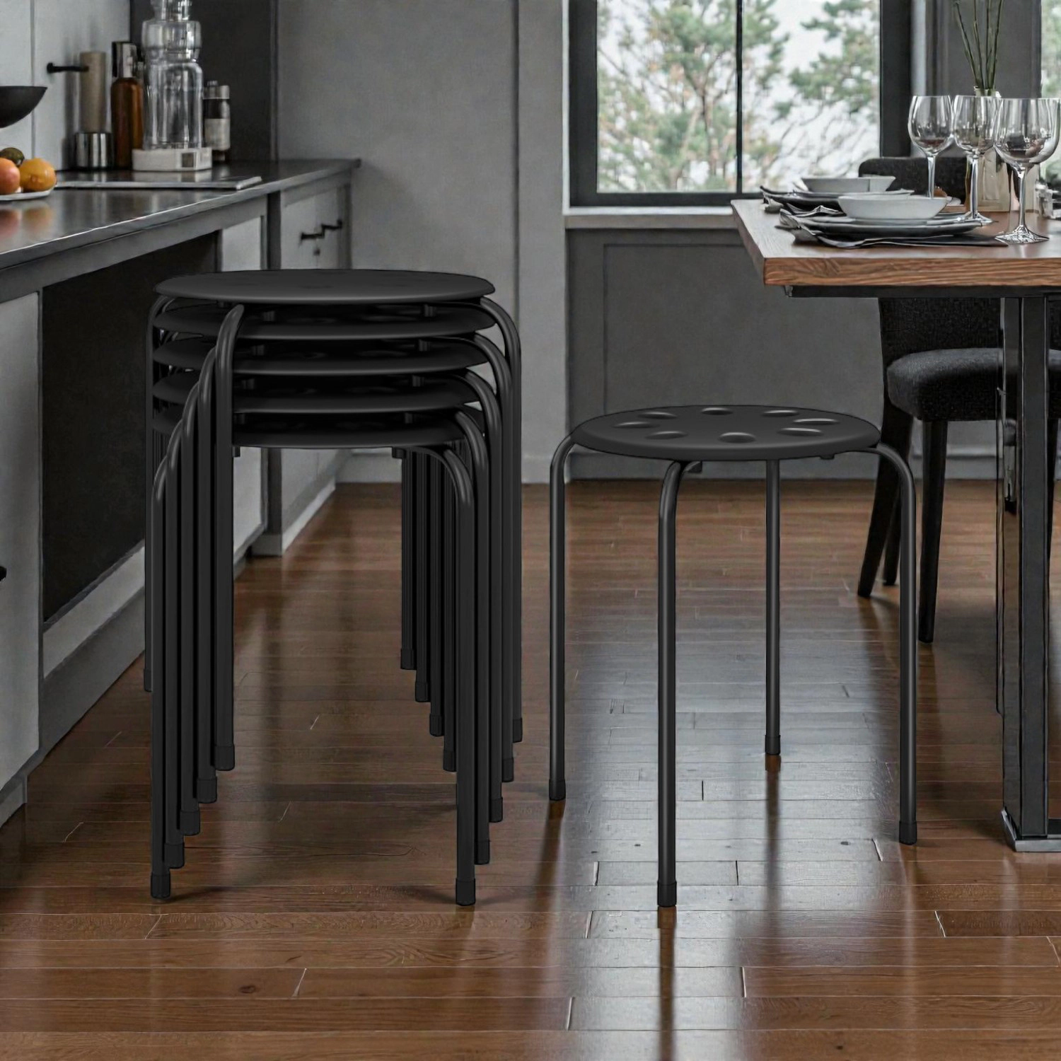 Hivvago Compact Stackable Seating Set of 6 with Metal Bases and Easy-Clean Plastic Tops