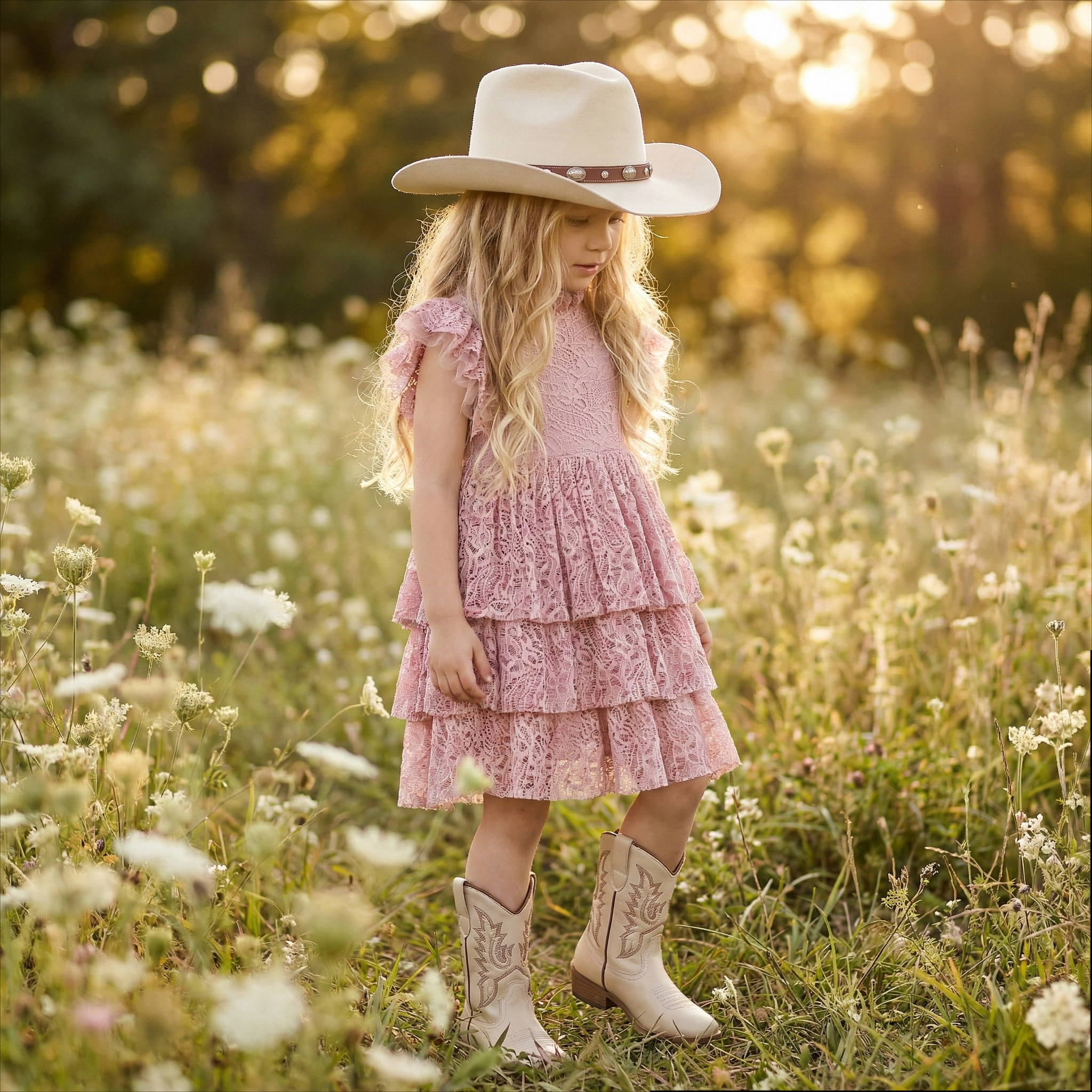 2Bunnies Girls' 12M-8Y Iris Lace Tiered Knee-Length Boho Flower Girl Dress