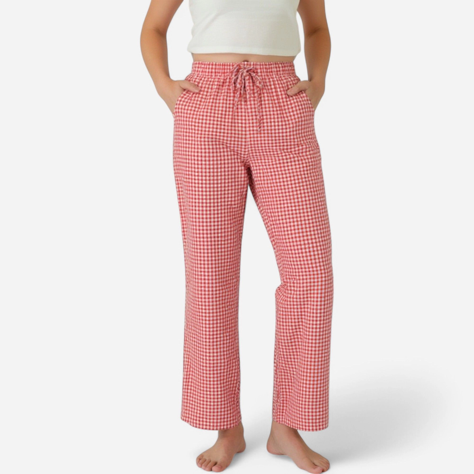 Anna-Kaci Women's Gingham Print Pajama Pants with Elastic Drawstring and Straight Leg Fitted
