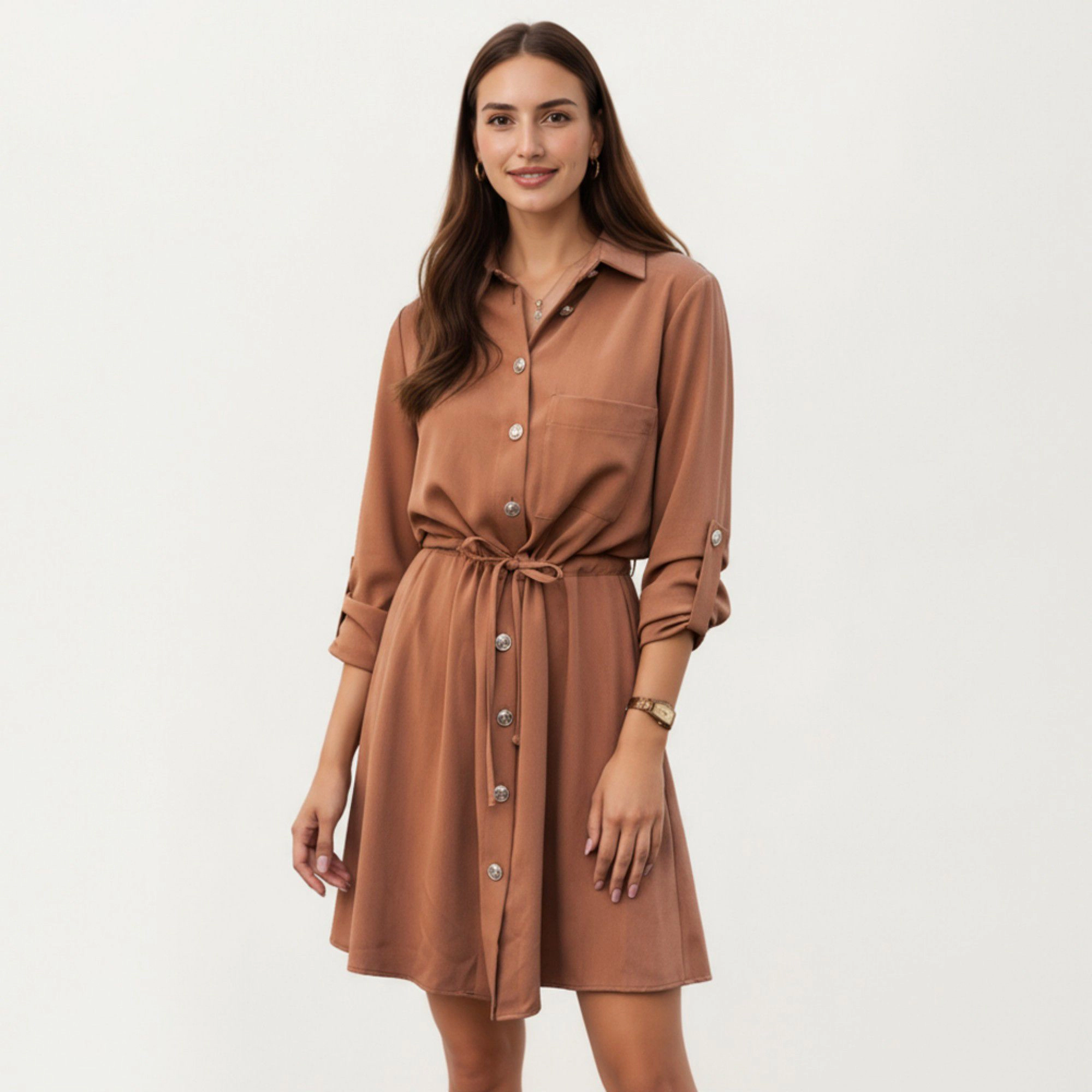 Anna-Kaci Women's Button Front Adjustable Sleeves Soft Drawstring Waist Relaxed Flowing Silhouette Shirt Dress