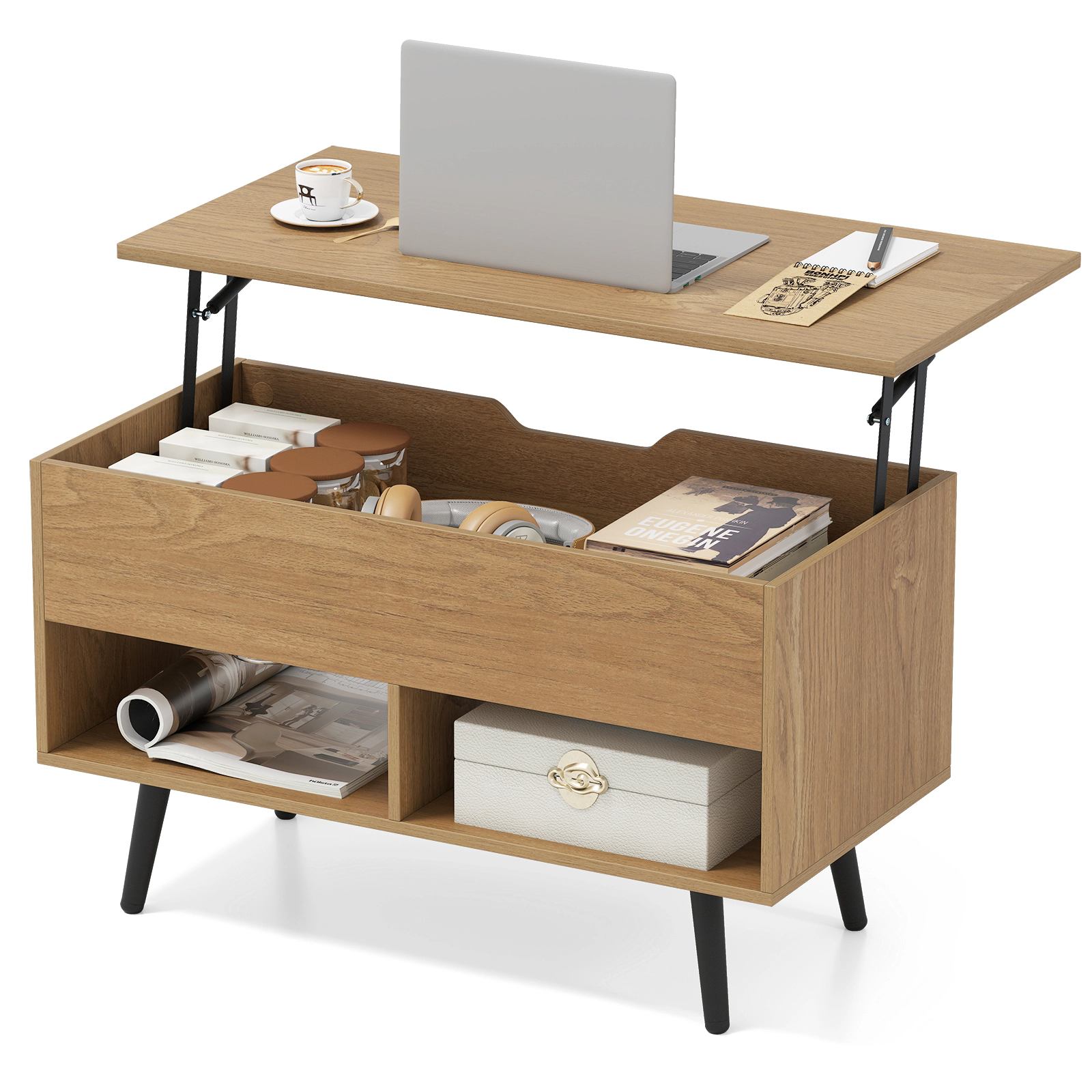 Glintex 31.5-Inch Lift-Top Coffee Table with Hidden Compartment and Shelves