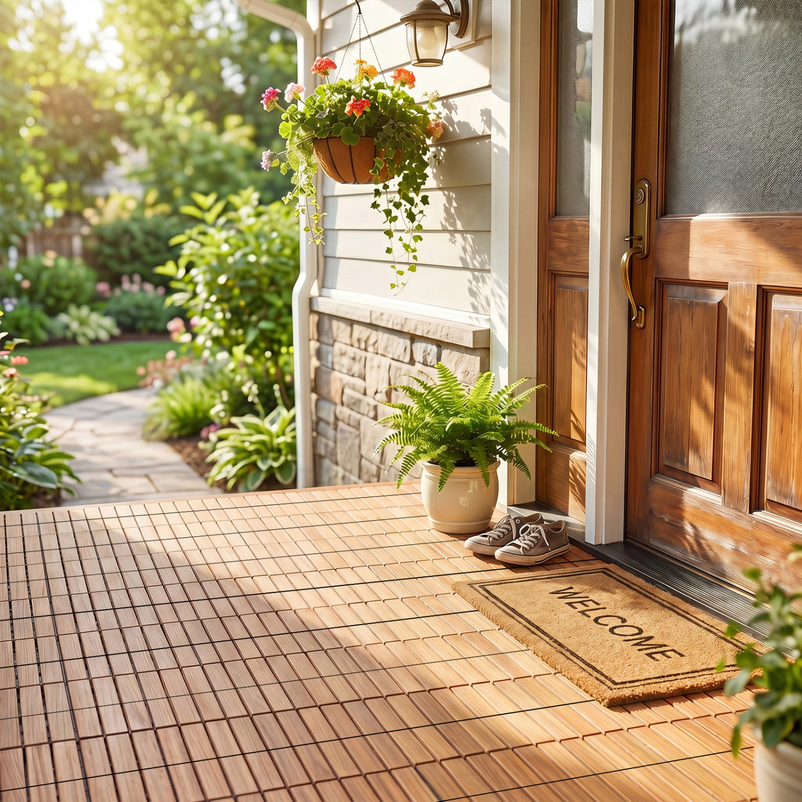 SUGIFT 27-Piece 12-in Natural Acacia Wood Interlocking Deck Tiles with Anti-Deformation PP Base