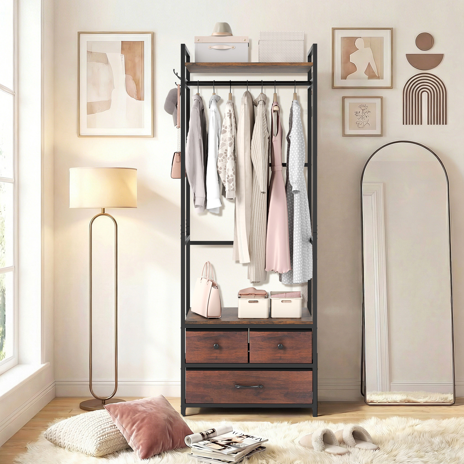 SUGIFT 69-in Tall Industrial Open Wardrobe Clothes Rack with 3 Fabric Drawers Shelves and Side Hooks