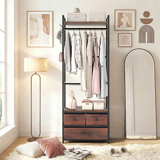 SUGIFT 69-in Tall Industrial Open Wardrobe Clothes Rack with 3 Fabric Drawers Shelves and Side Hooks