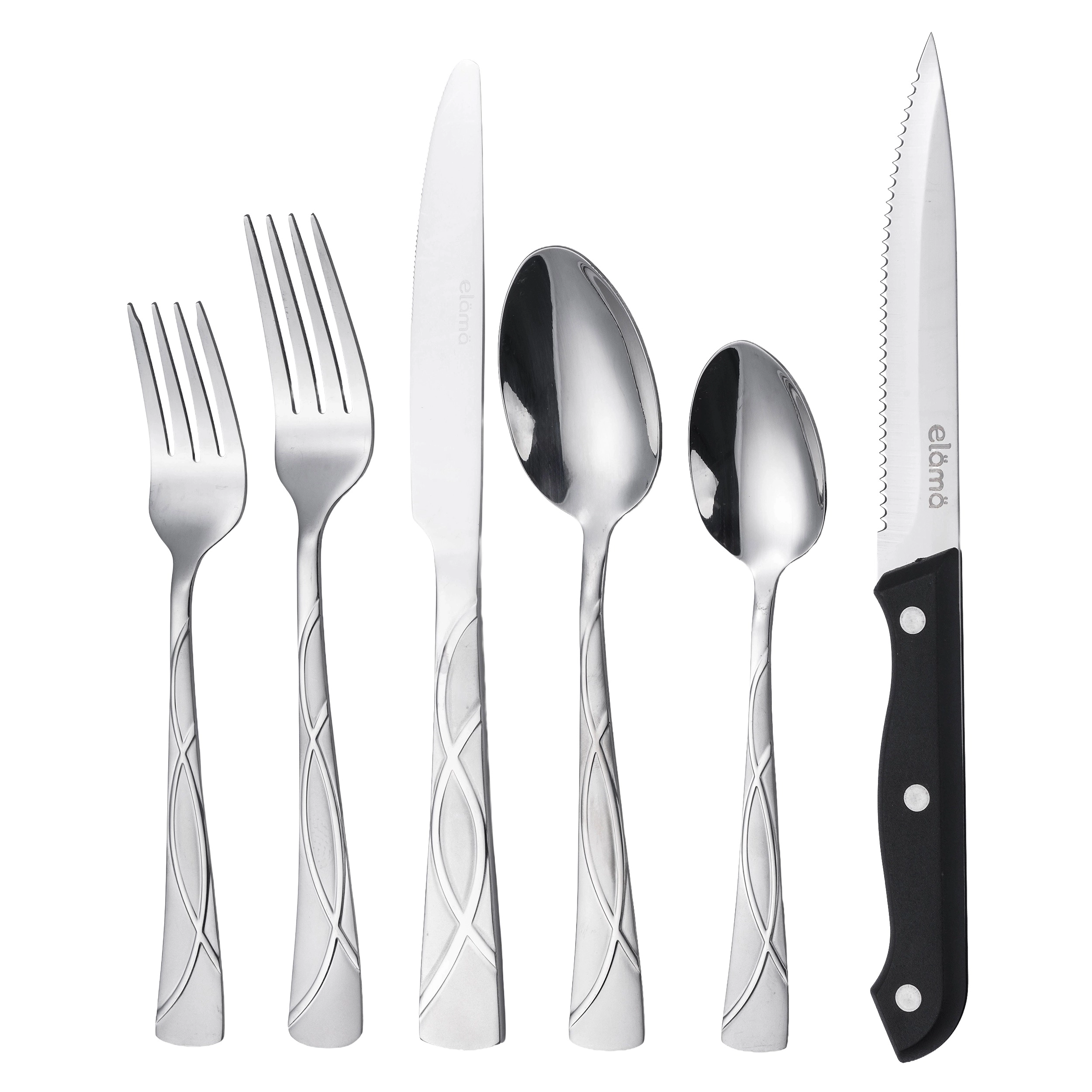 Elama Nour 48 Piece Mirror Polished + Sand Blasted Stainless Steel Flatware Set with Steak Knives