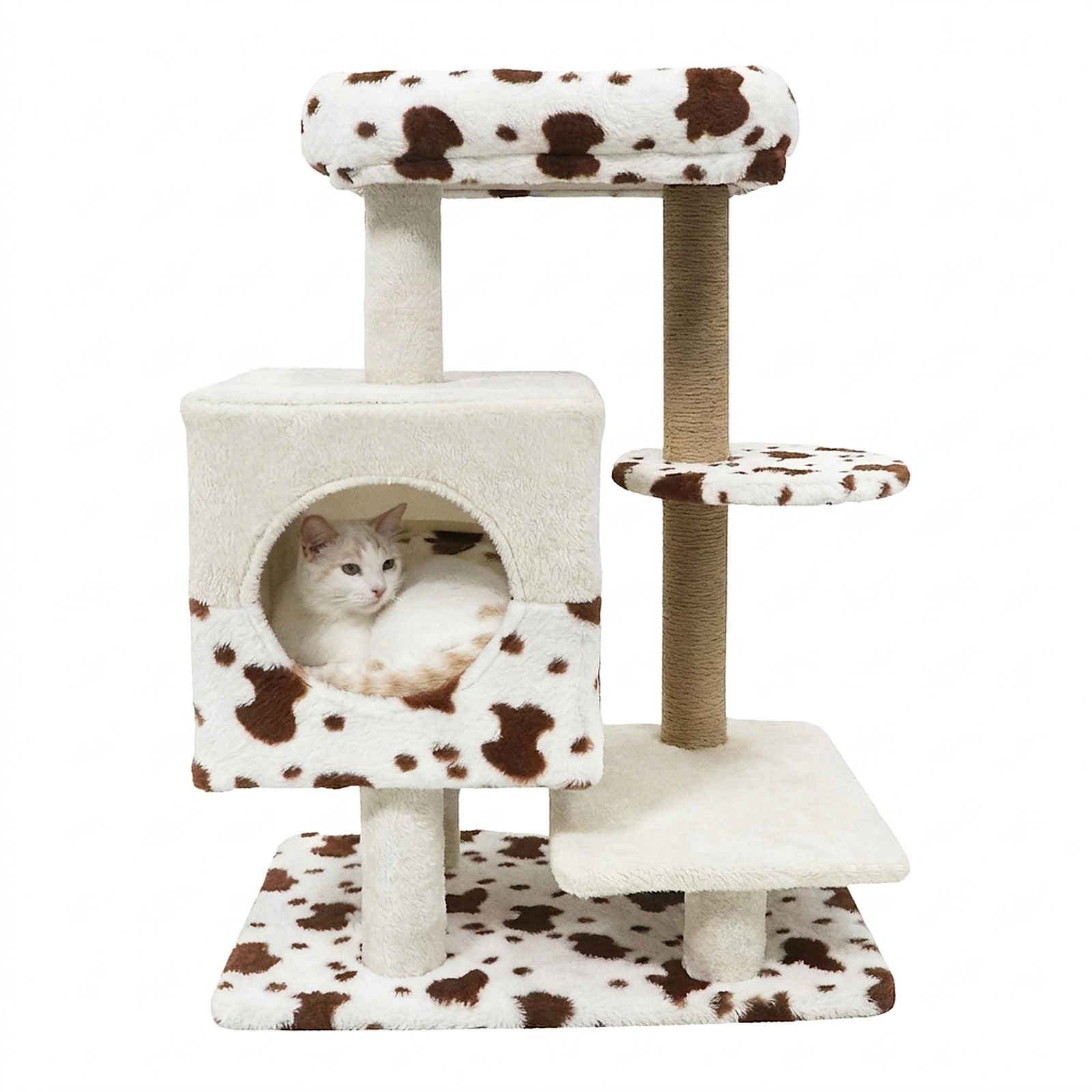 SUGIFT Modern Cat Tree Indoor Cat Tower with Wide Upholstered Perch and 2-Entrance Cat Condo 30-in Tall White Brown