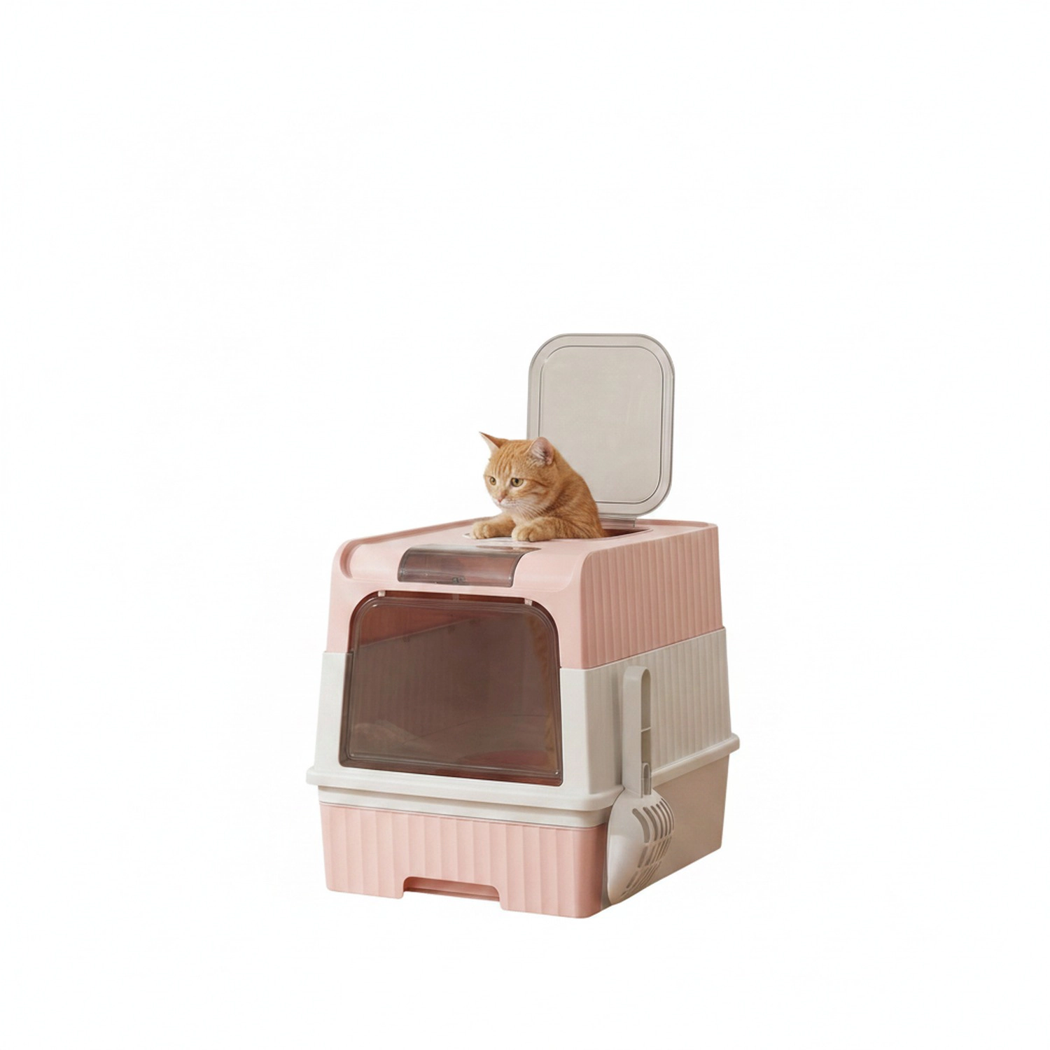 HONGGE Cat Litter Box Hooded Cat Litter Tray with Drawer Pan Front Entry & Top Exit Easy Cleaning