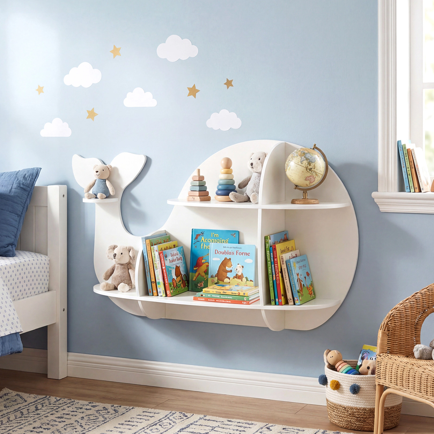 SUGIFT Set of 2 11-lb Floating Dolphin Wall Mounted Kids Bookshelves with Rounded Edges and Expansion Screws