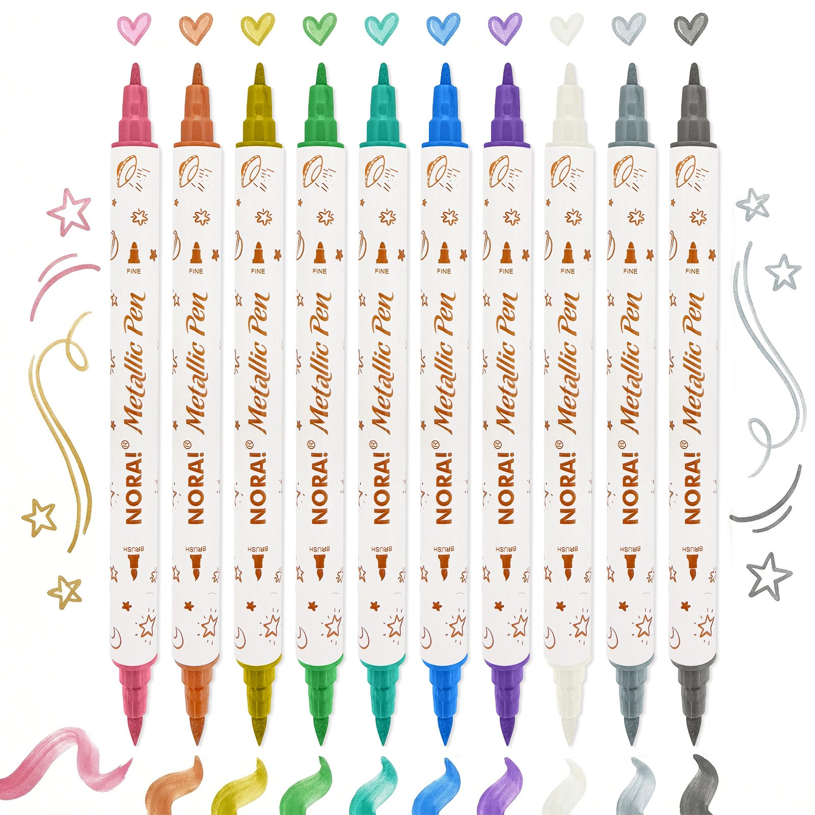 Wrapables 10-Count Metallic Dual-Tip Markers, Brush and Fine Tips for Journals, Card Making, Black Paper and Crafts