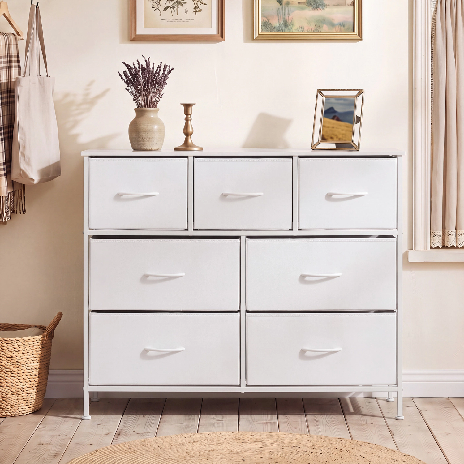 LJG 7-Drawer Wide Dresser with 2-Sized Folding Fabric Drawers for Bedroom