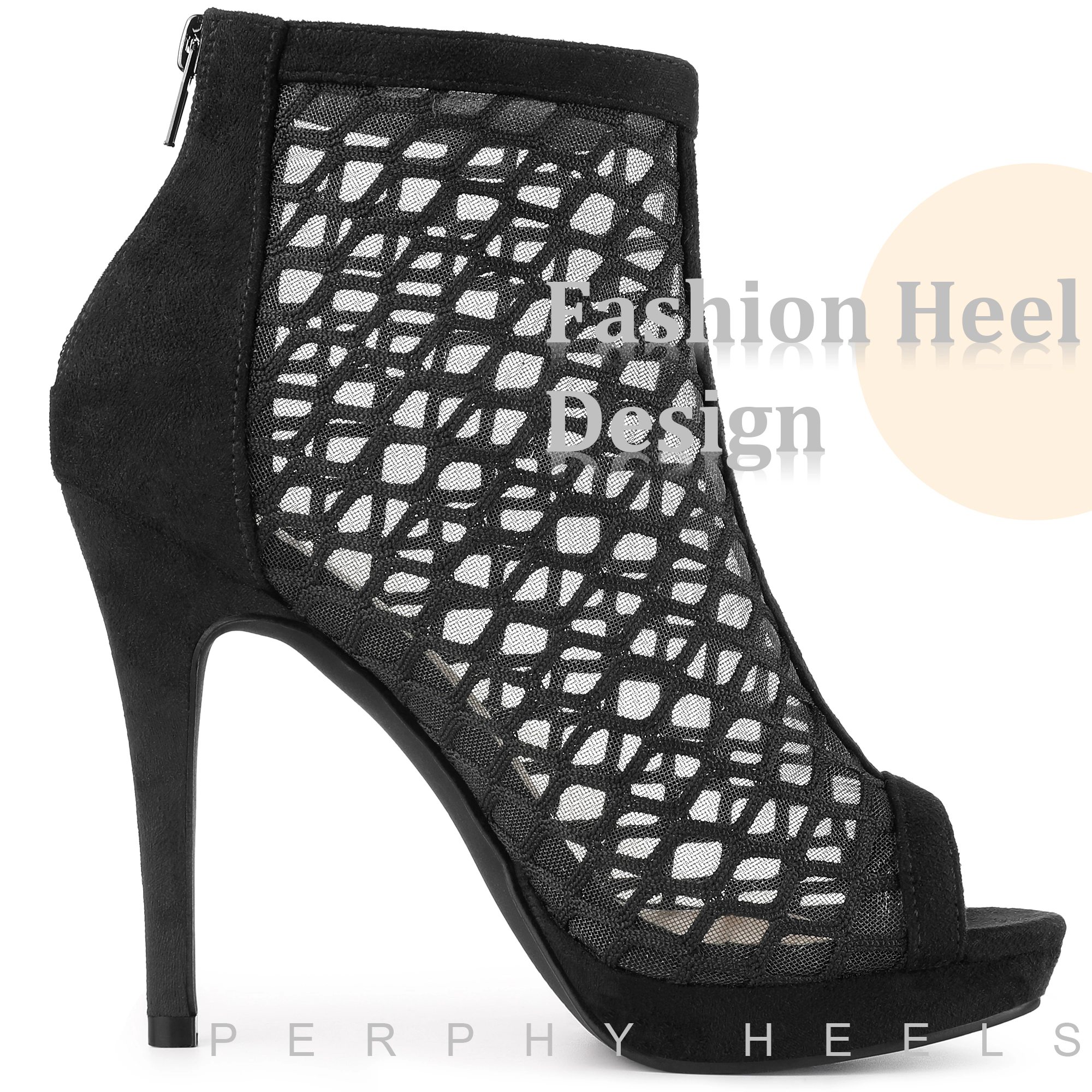 BLISSFUL STEP Women's Platform Peep Toe Mesh Back Zip Stiletto Heel Sandals