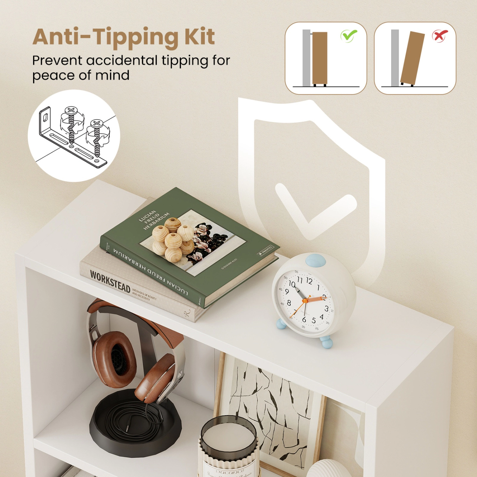 SUGIFT White 3-Tier Bookcase 42 in Tall Book Shelf with Anti-Tipping Kit