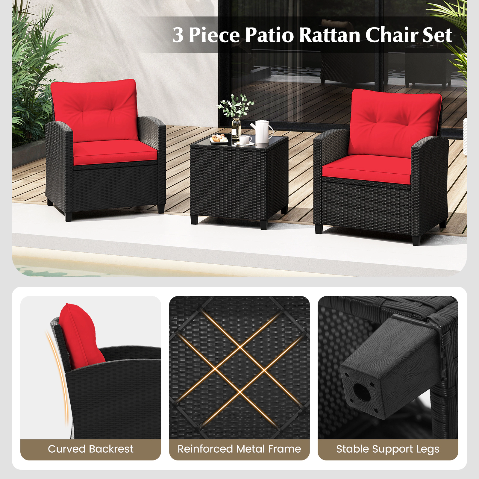 SUGIFT 3-Piece Black Rattan Patio Conversation Set with Cushioned Chairs and Glass Table