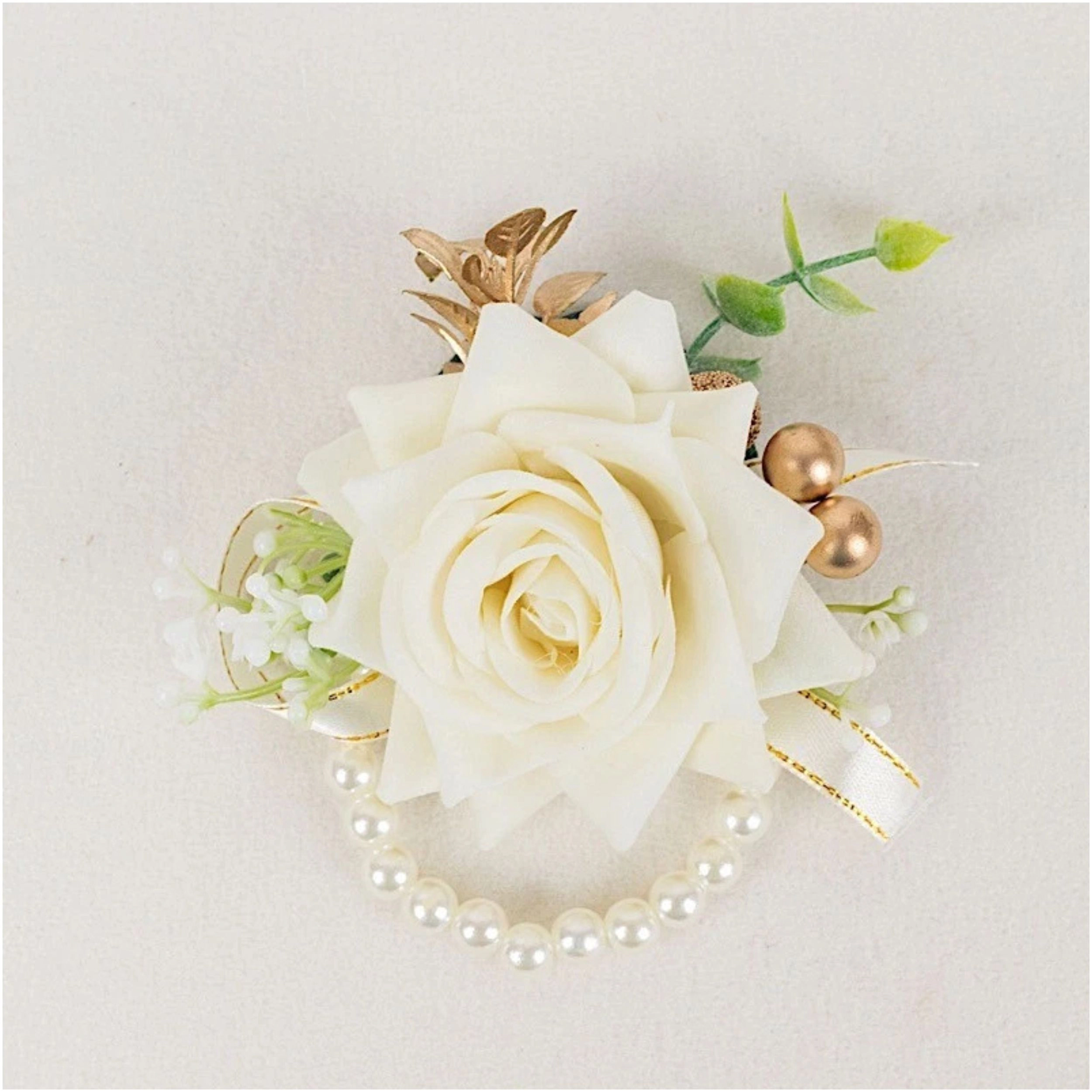 Home Collection Set of 2 White Artificial Silk Rose Wrist Corsages with Pearls