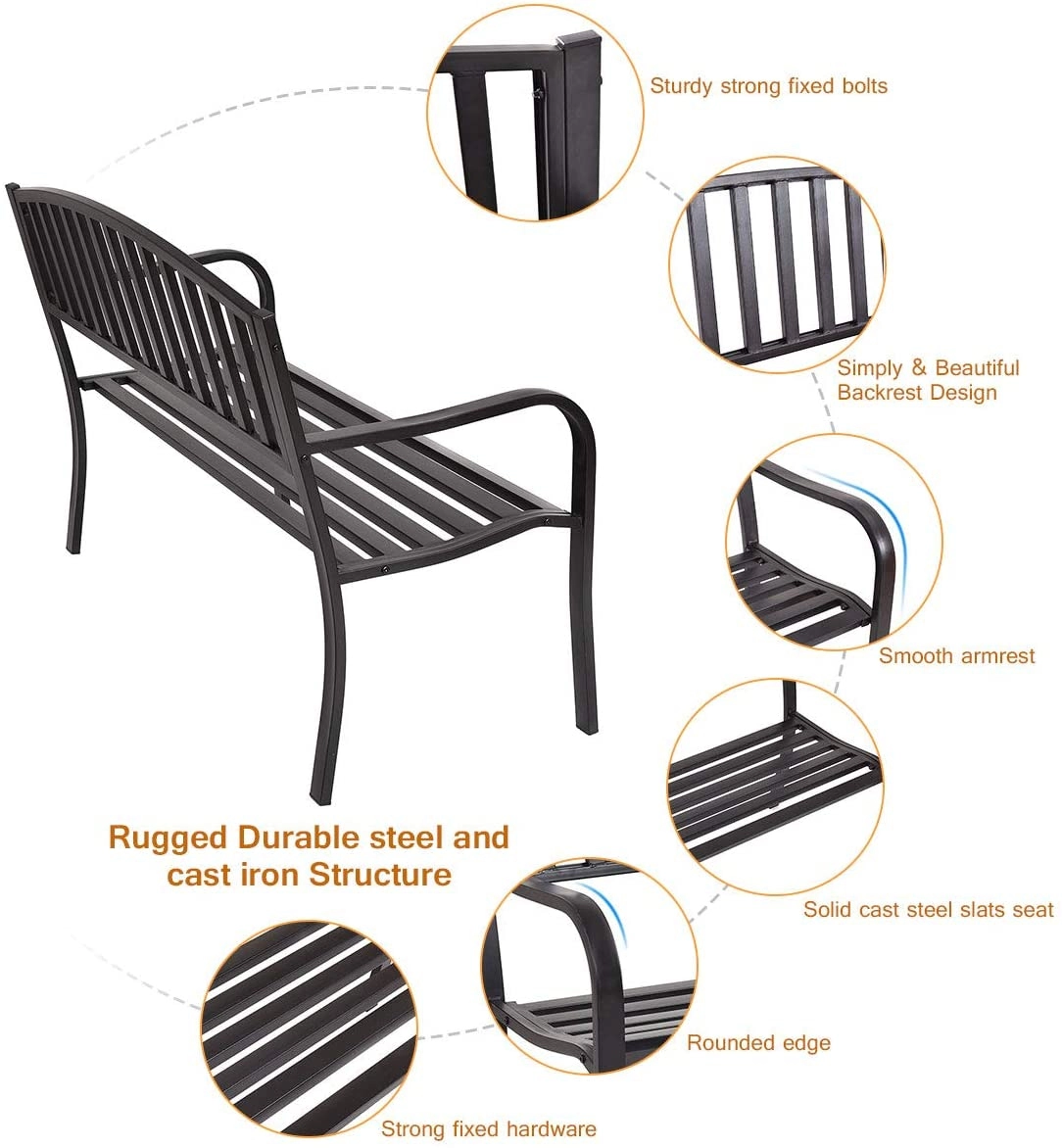 SUGIFT 50-Inch Black Steel Outdoor Garden Loveseat Bench, 500-Lb Capacity, with Armrests