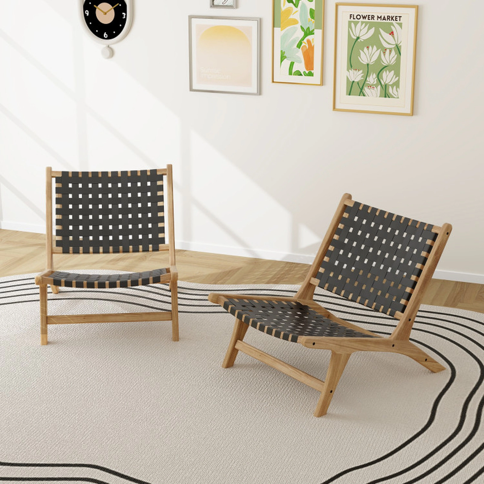 SUGIFT Black Nylon Woven Teak Wood Patio Armchair with Built-In Footrest 32-in W 25.5-in D 27.5-in H