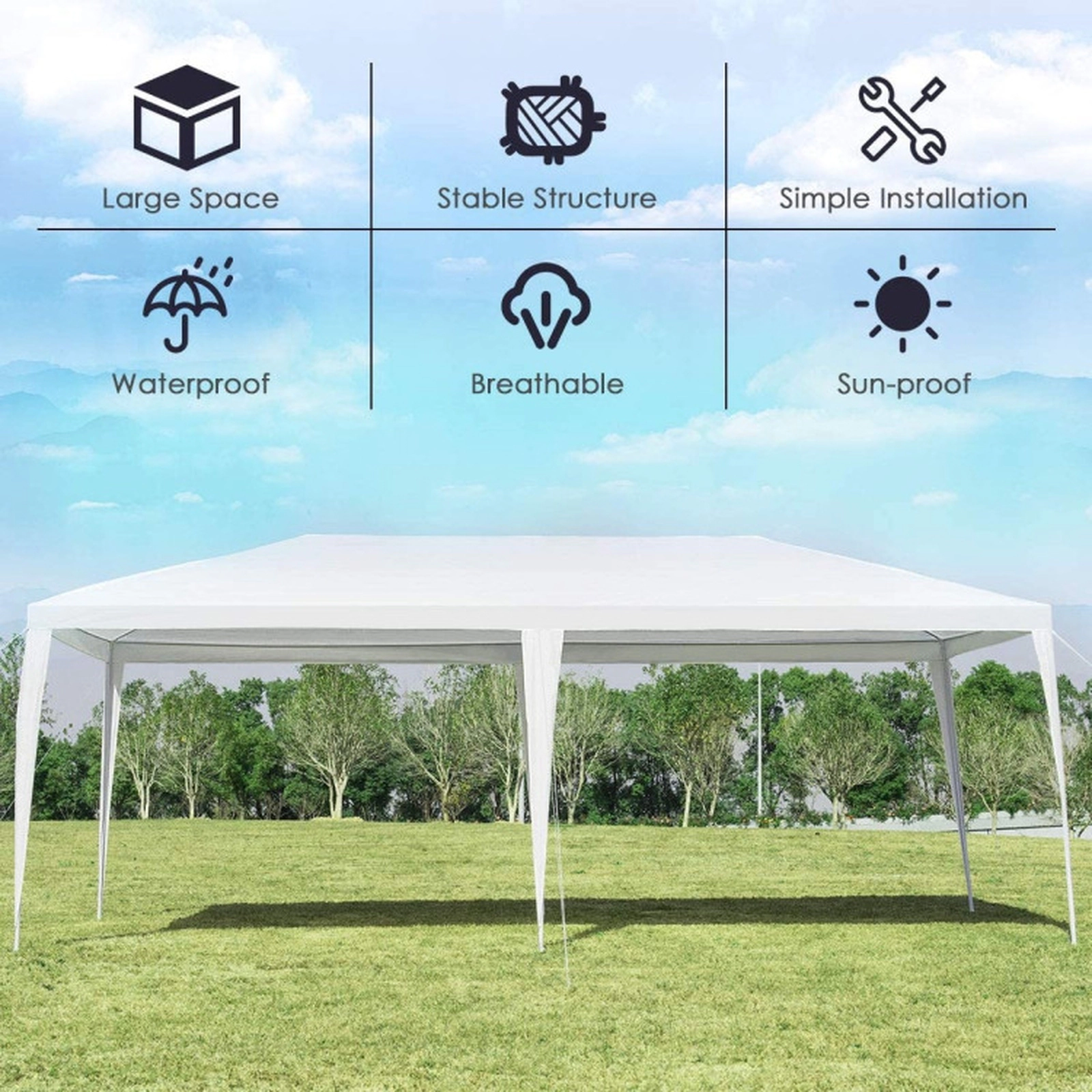 SUGIFT Waterproof PE Canopy Gazebo Tent with Powder Coated Steel Frame 10 x 20-ft Outdoor Shade White Cover
