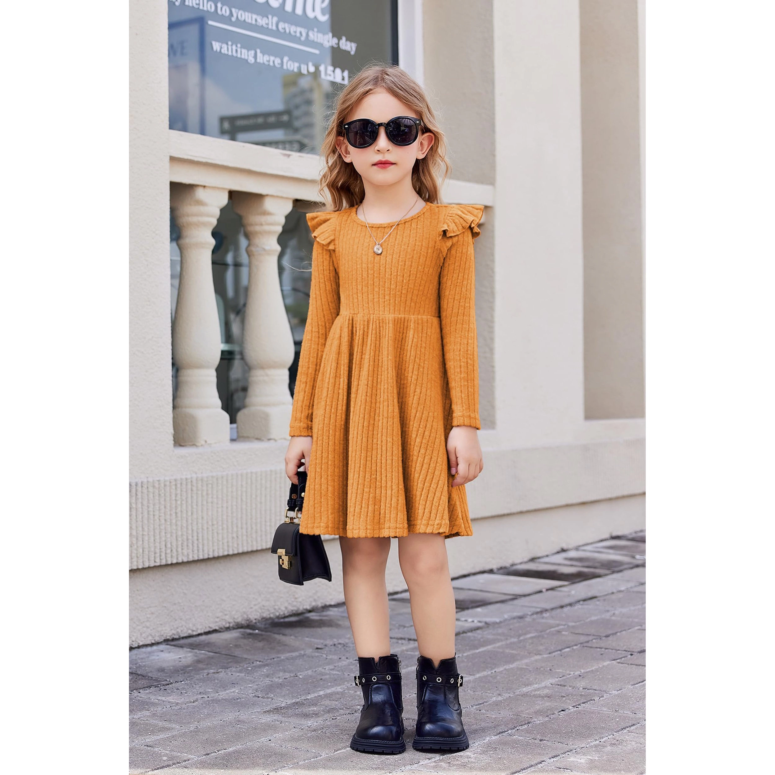 Arshiner Toddler Girl Dress Baby Girls Knitted Ruffle Sleeve Pocket Dresses Aline Flared Fall