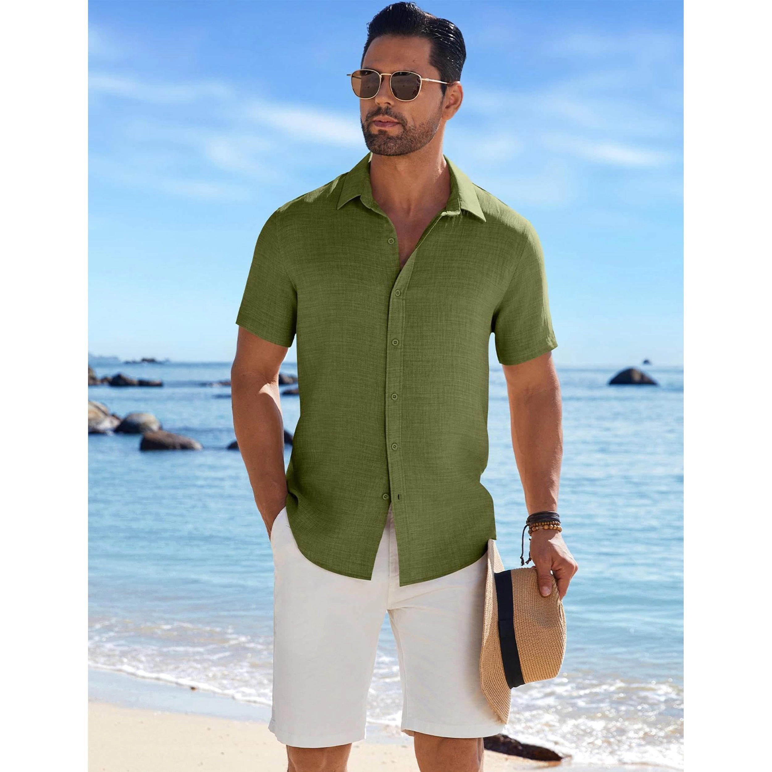 COOFANDY Men's Regular Fit Lightweight Linen Blend Short Sleeve Camp Shirt