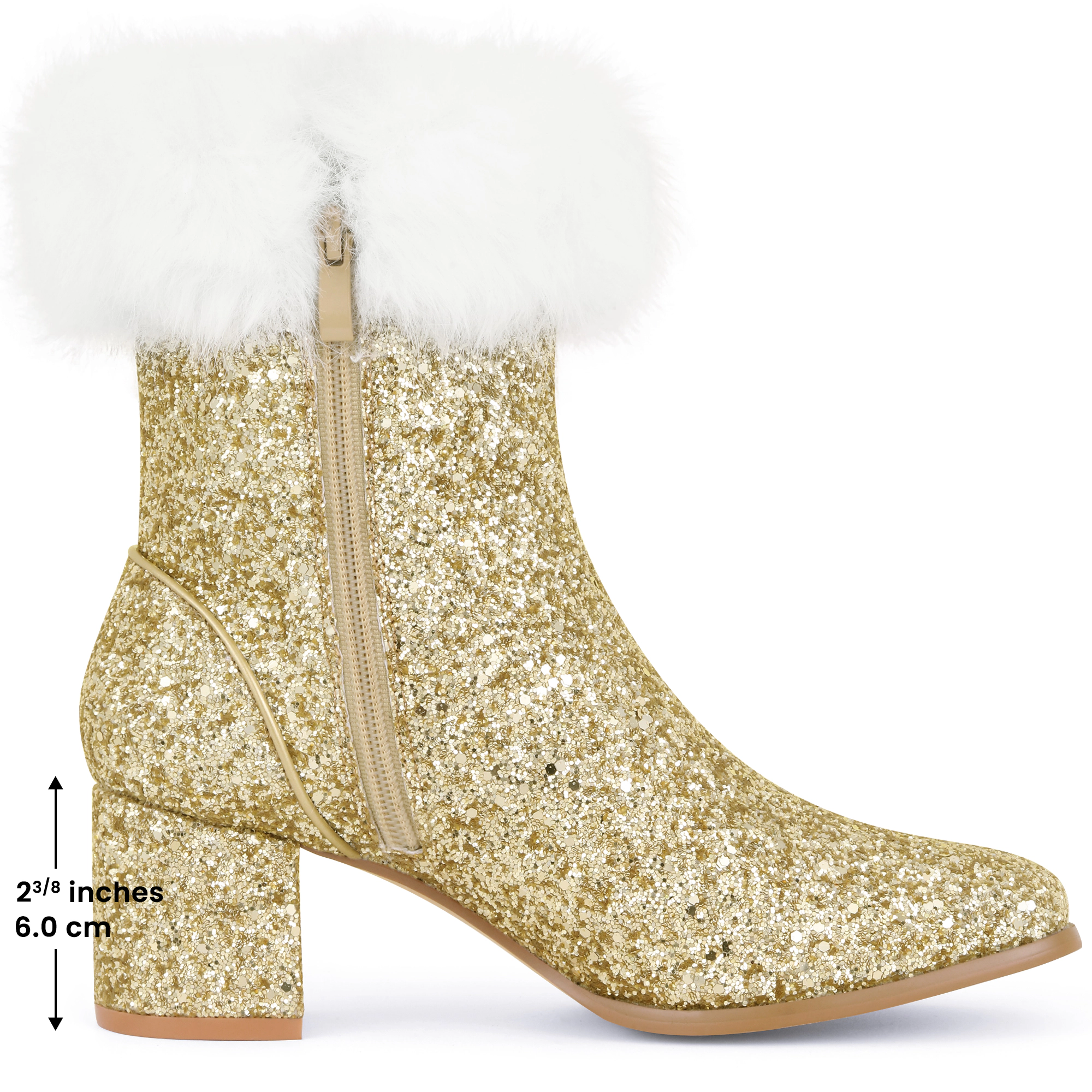 BLISSFUL STEP Faux Fur Glitter Square Toe Chunky Heel Ankle Boots for Women
