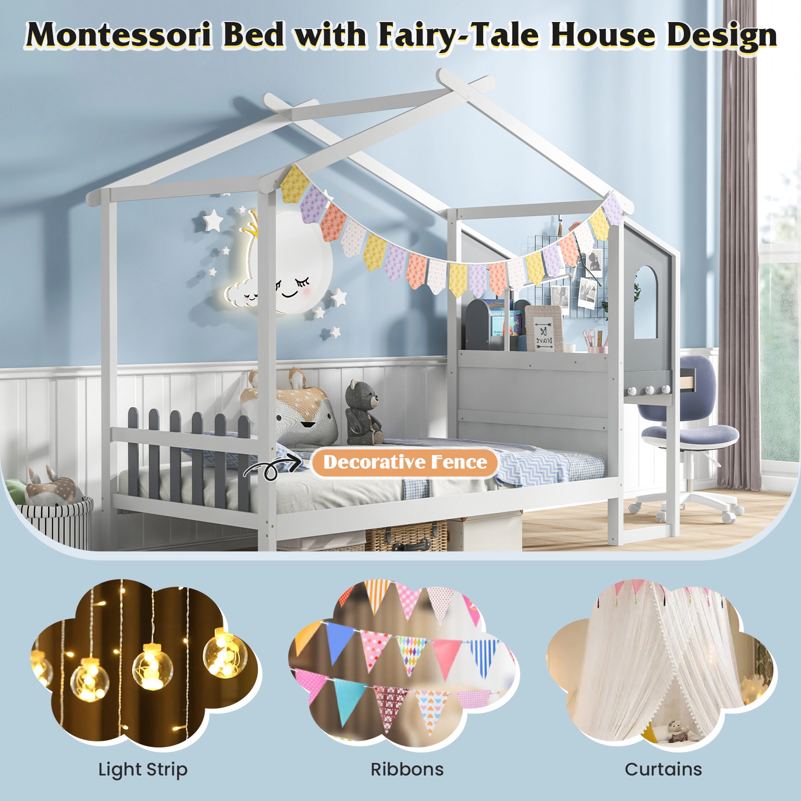 SUGIFT White and Gray Roof Canopy Fence and Study Desk Kids House Bed Frame