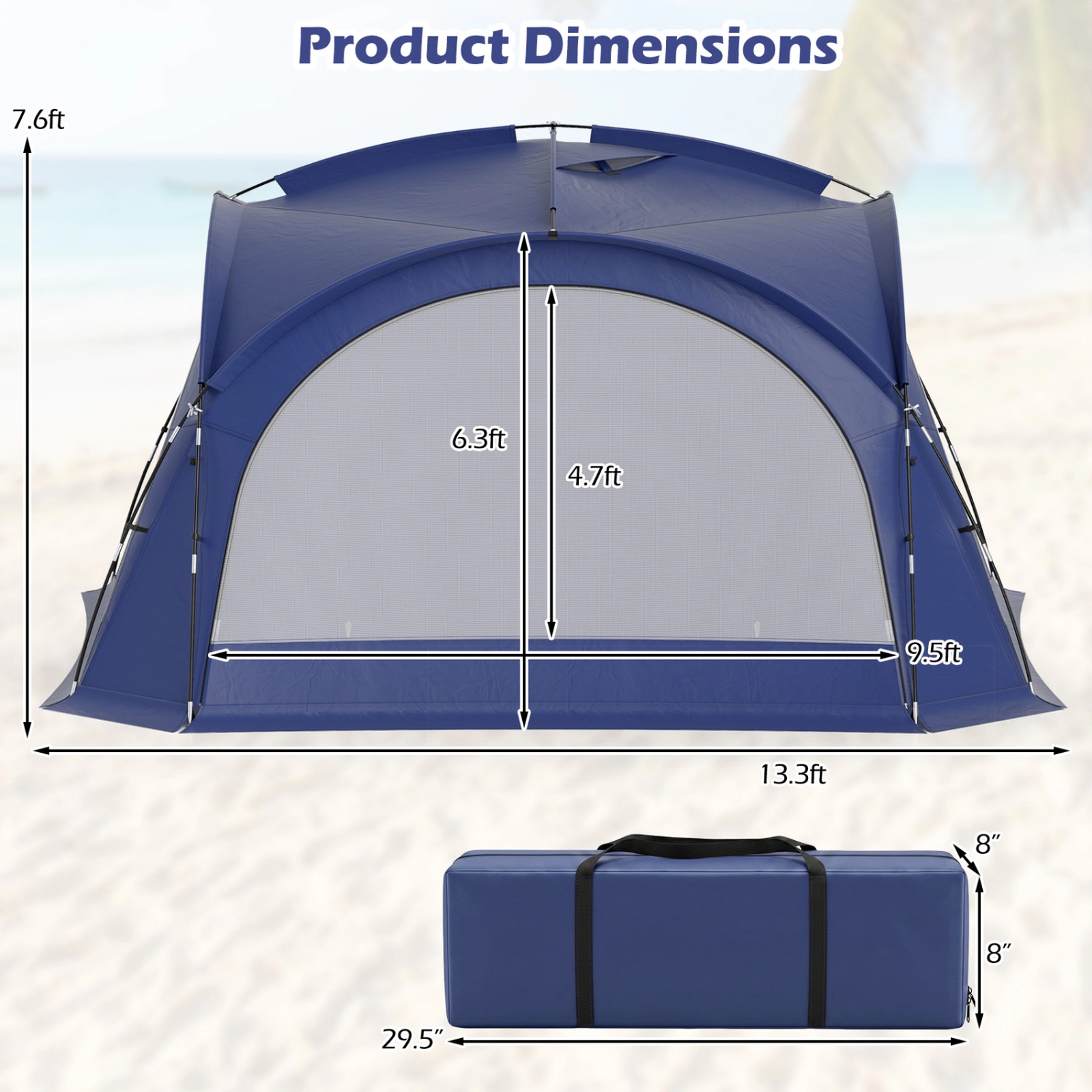 SUGIFT Extra Large Easy Setup Dome Canopy Beach Tent for 12-15 People with 4 Removable Zippered Sidewalls Blue/Beige