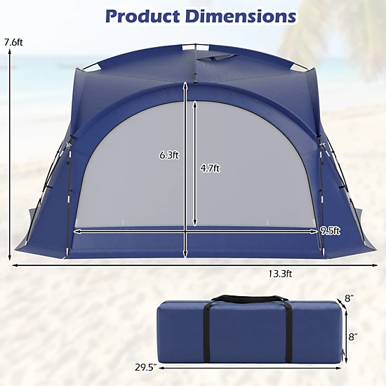SUGIFT Extra Large Easy Setup Dome Canopy Beach Tent for 12-15 People with 4 Removable Zippered Sidewalls Blue/Beige