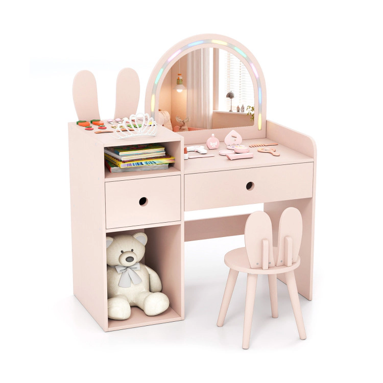 Hivvago Kids Vanity Desk And Chair Set With Lights  Open Shelves