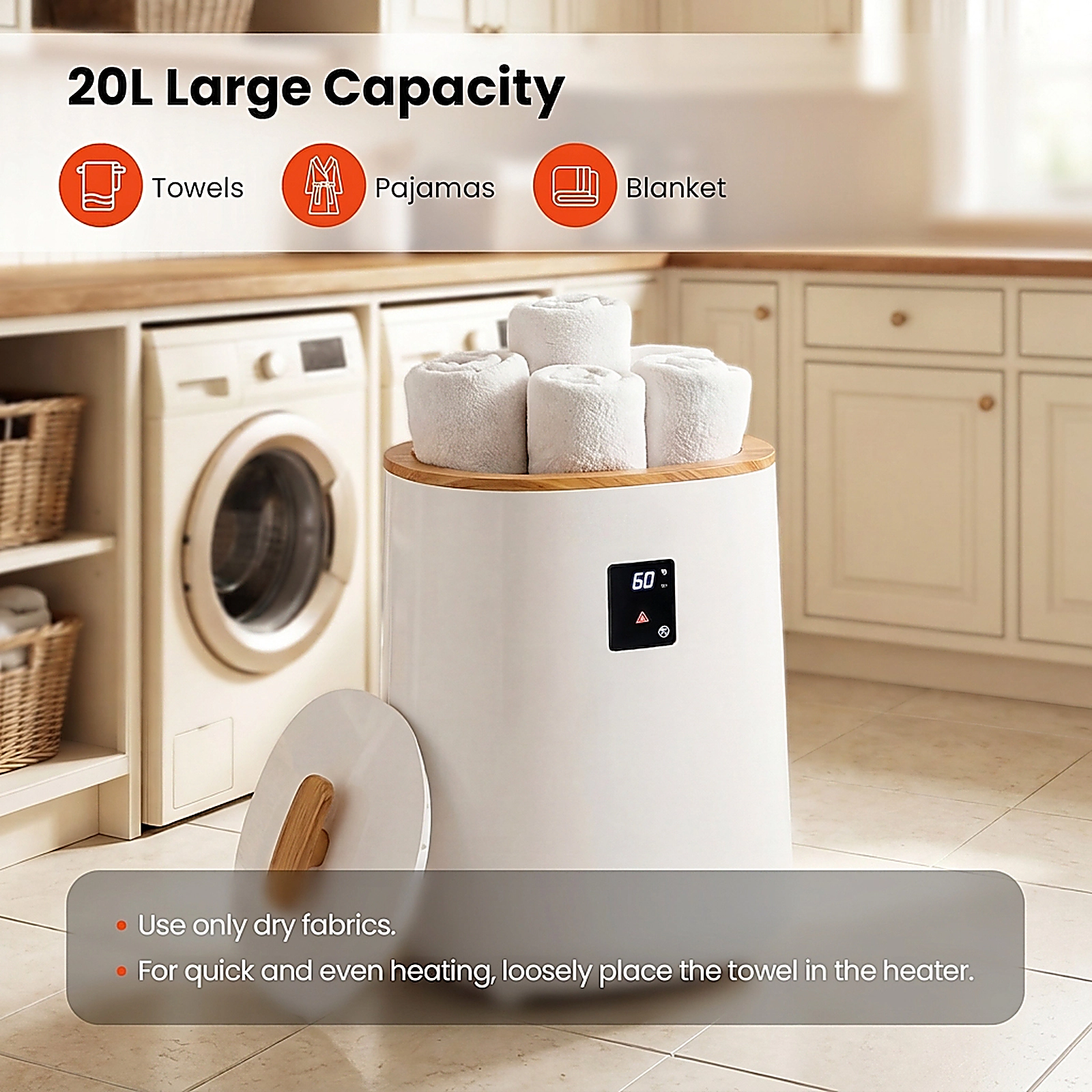 SUGIFT 18L 380W Blanket and Towel Warmer Bucket, White, LED Display, 60-Minute Auto Shut-Off