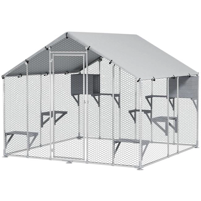 212 Main 94.5 in. PawHut Metal Outdoor Catio with Waterproof Cover - 2 Resting Boxes - 7 Jumping Platforms, Silver
