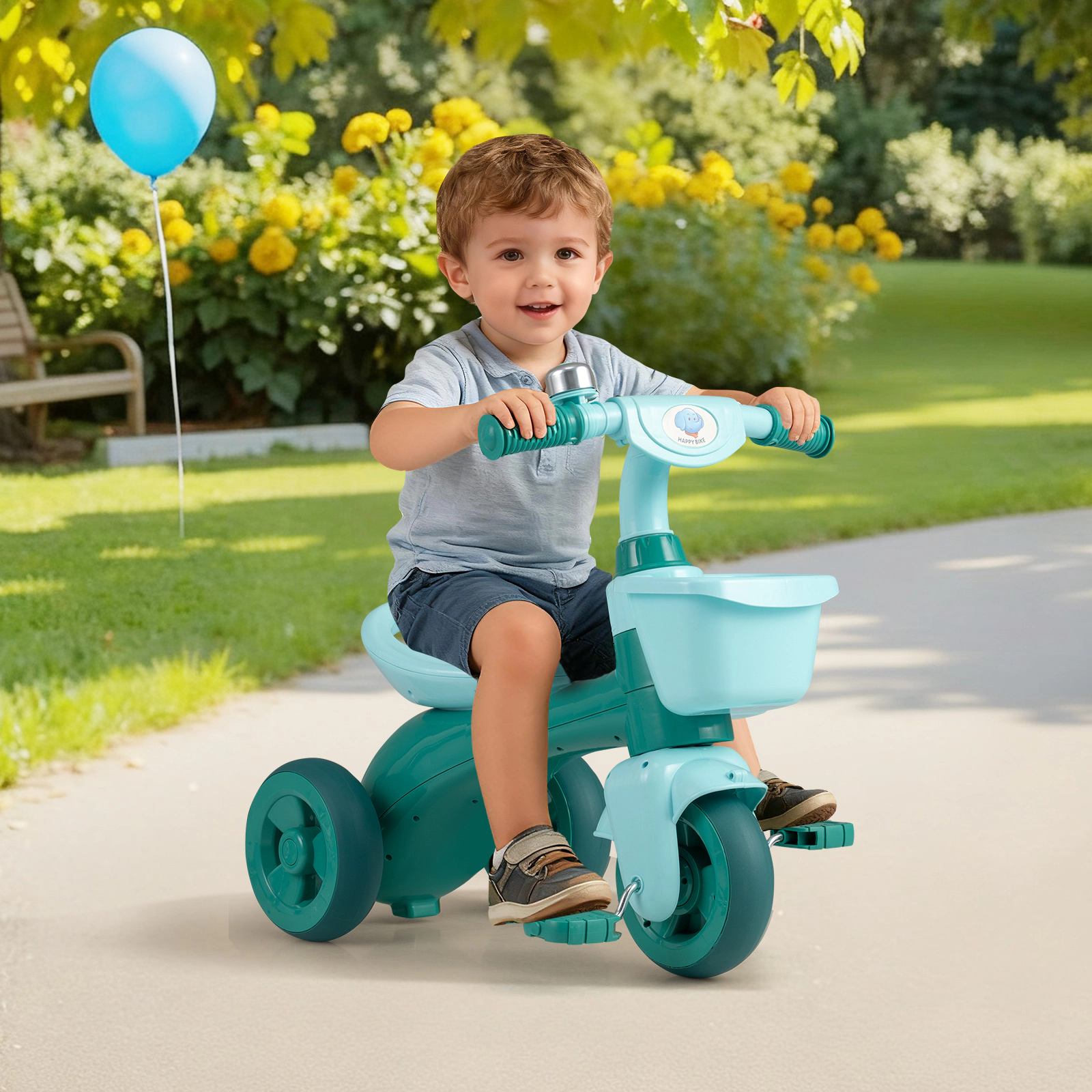 SUGIFT Toddler Tricycle Green with Limited Steering Front and Rear Baskets and Bell