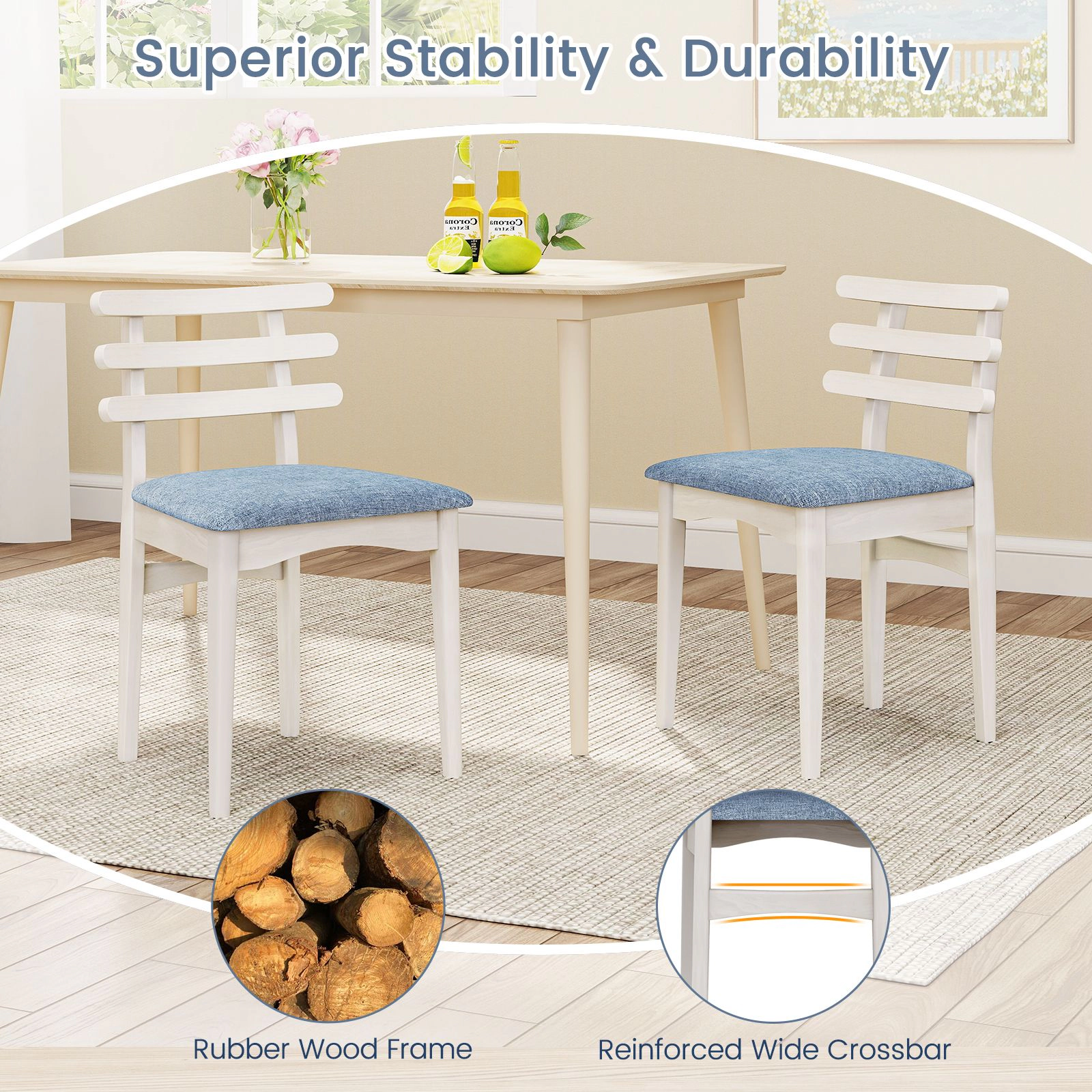 SlickBlue Kitchen Chairs, Upholstered Seat, Ladder Backrest, Rubber Wood, 2 Pack
