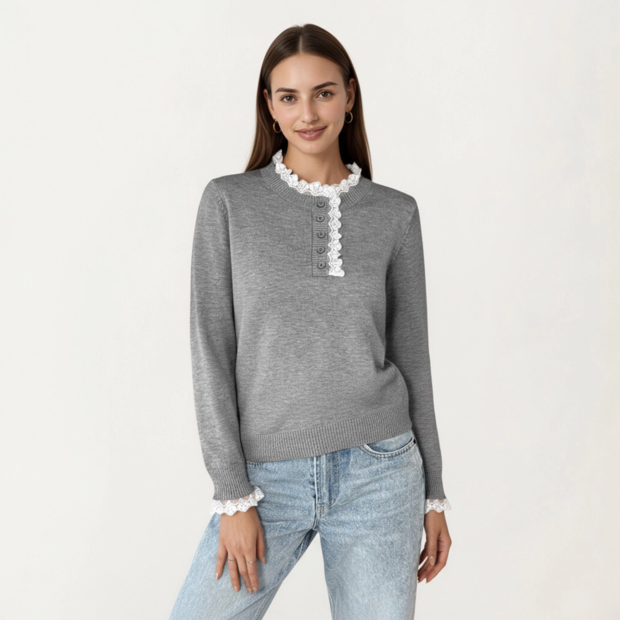 Anna-Kaci Women's Lace Trim Collar Button Front Long Sleeve Knit Top