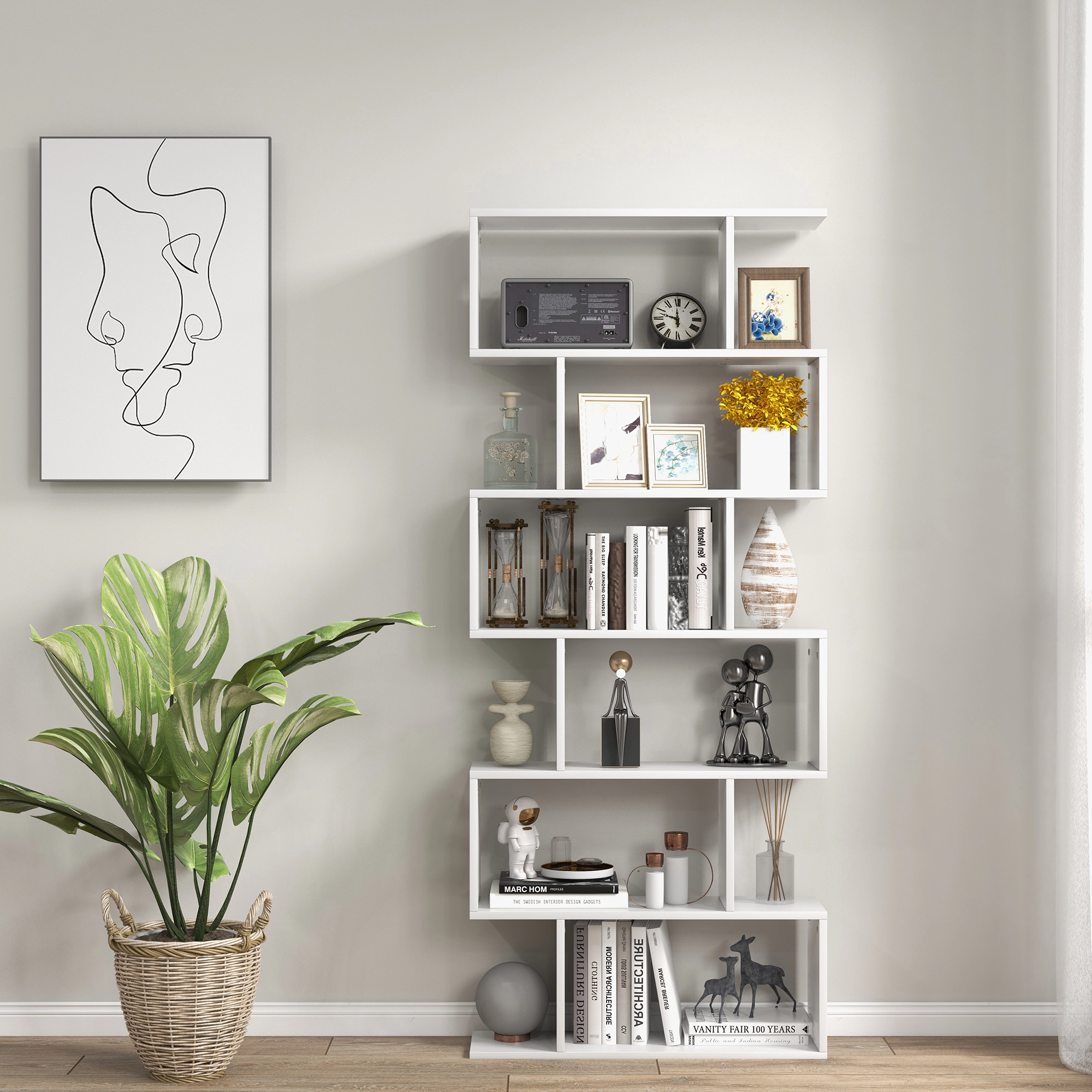 Costway 2 PCS 6 Tier S-Shaped Bookshelf Storage Display Bookcase Z-Shelf White