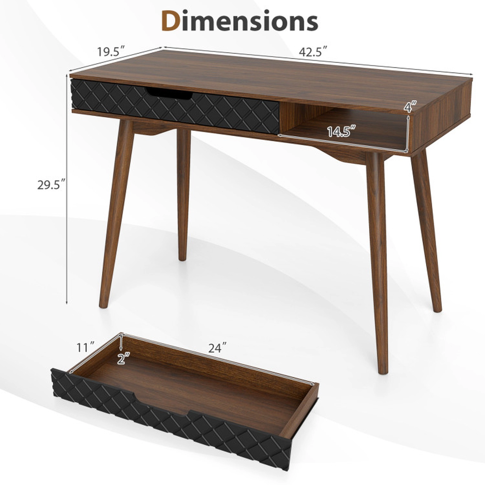 SUGIFT Mid-Century Modern Computer Desk with Drawer and Open Compartment 110-lb Desktop Capacity Brown & Black